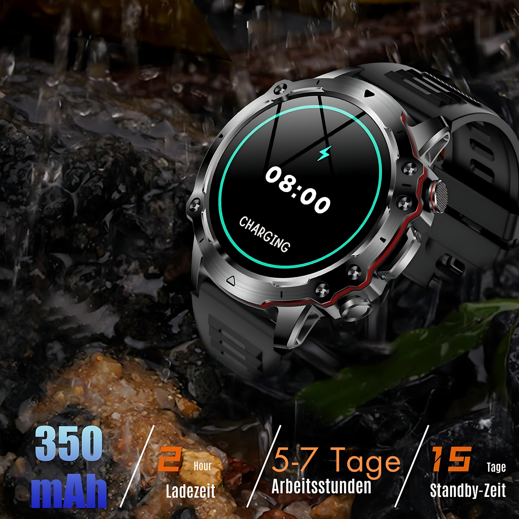 Smartwatch en superficie rocosa mojada, mostrando estado de carga y datos.