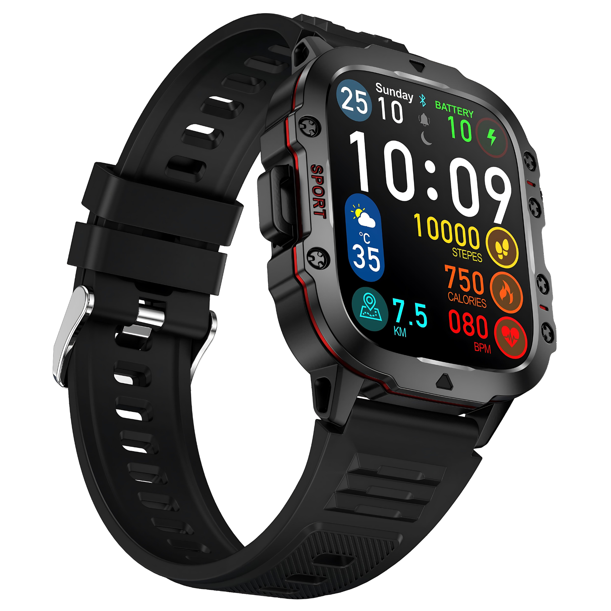 Czarny smartwatch wyświetla godzinę, datę, kroki, kalorie, tętno i km. Pasek jest czarny.