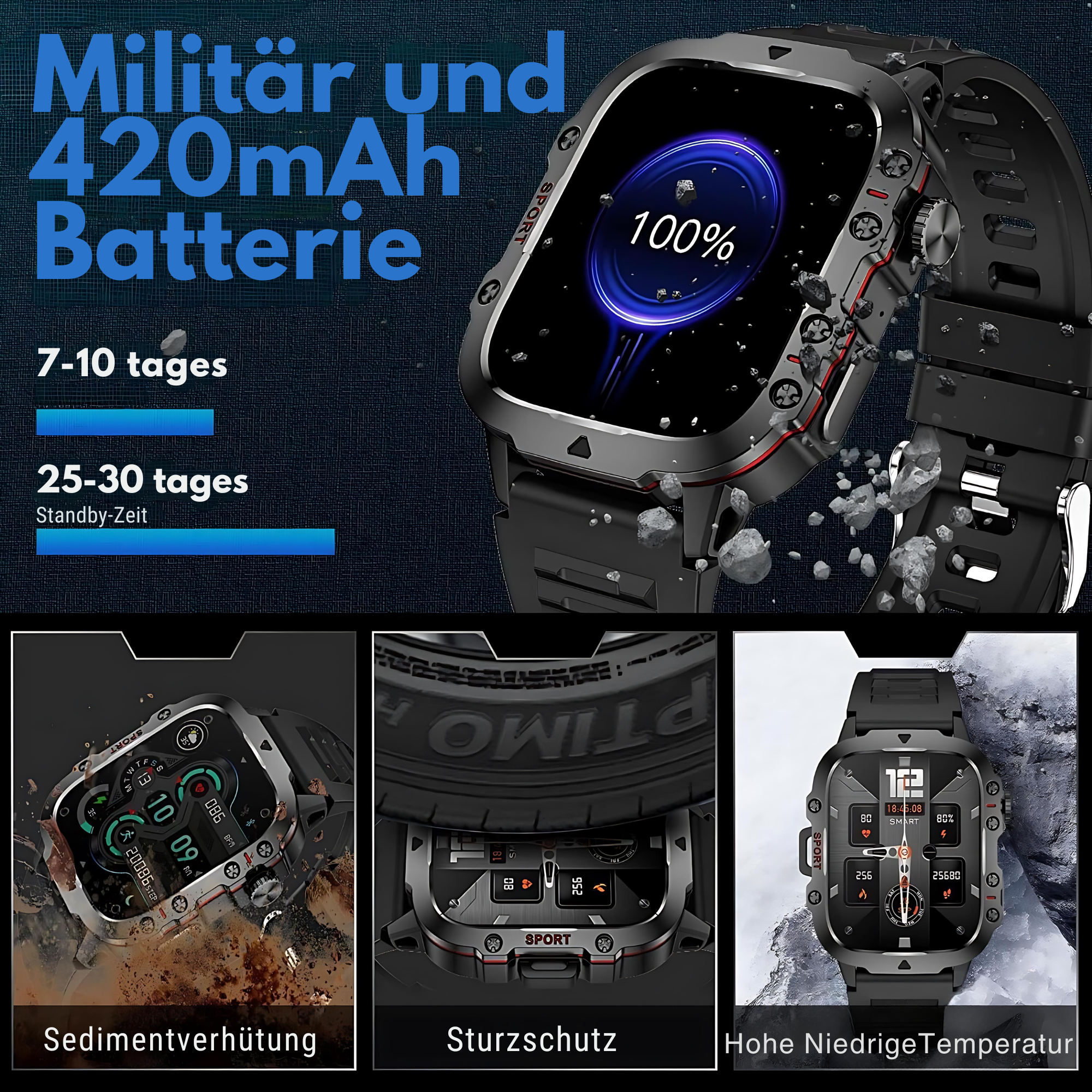 Czarny smartwatch z czarnym paskiem, funkcje na ekranie i tekst w tle.