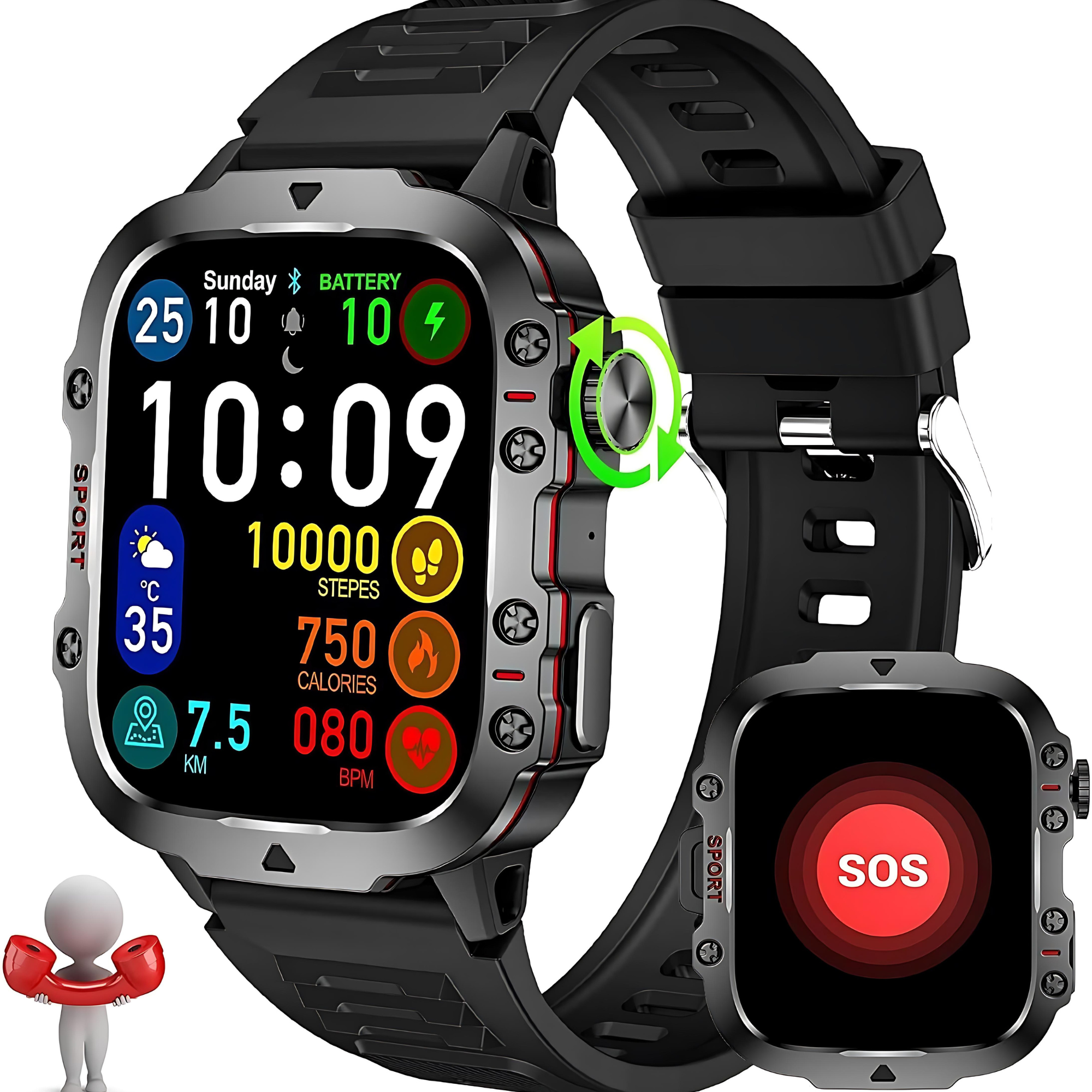 Smartwatch mostrando datos. Correa negra, caja plateada. Muestra tiempo, estadísticas y botón SOS.