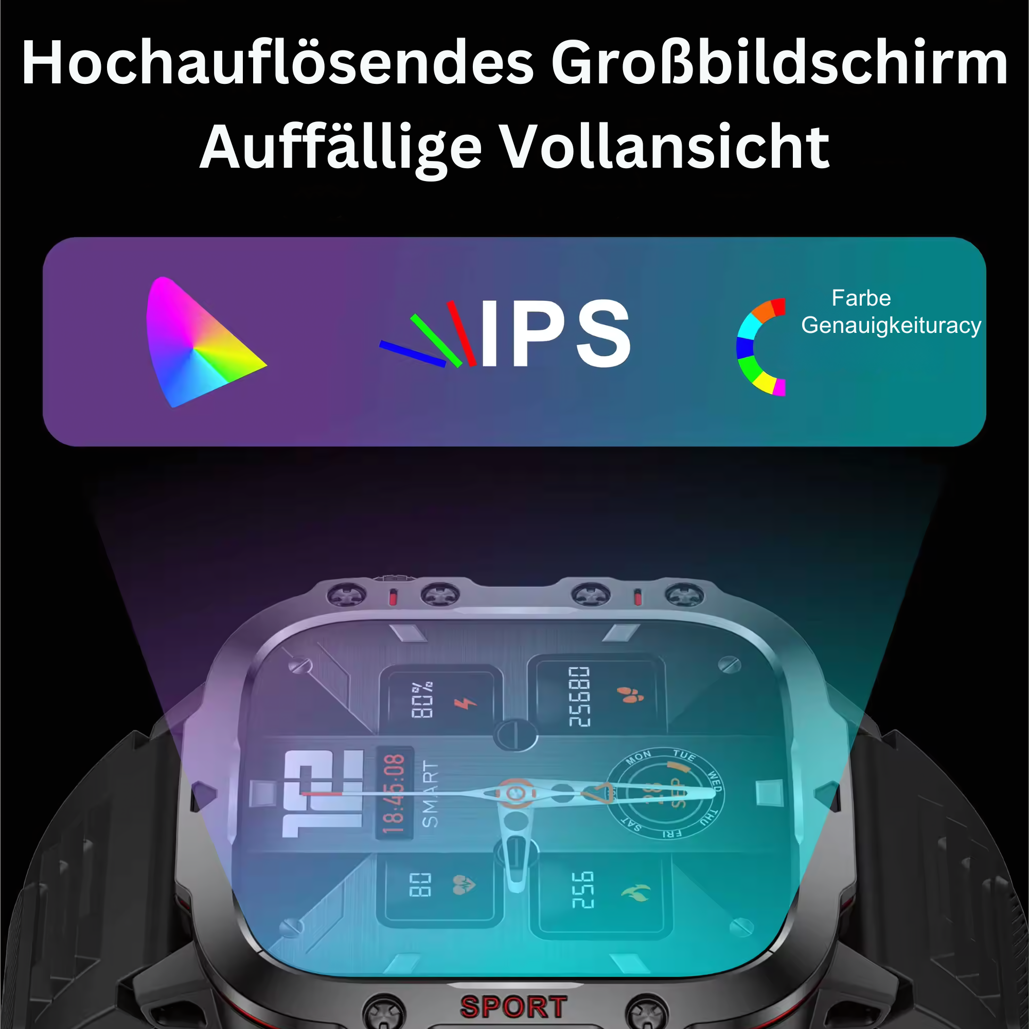 Una pantalla de reloj inteligente muestra la hora y datos. Tiene un espectro de color e info IPS.