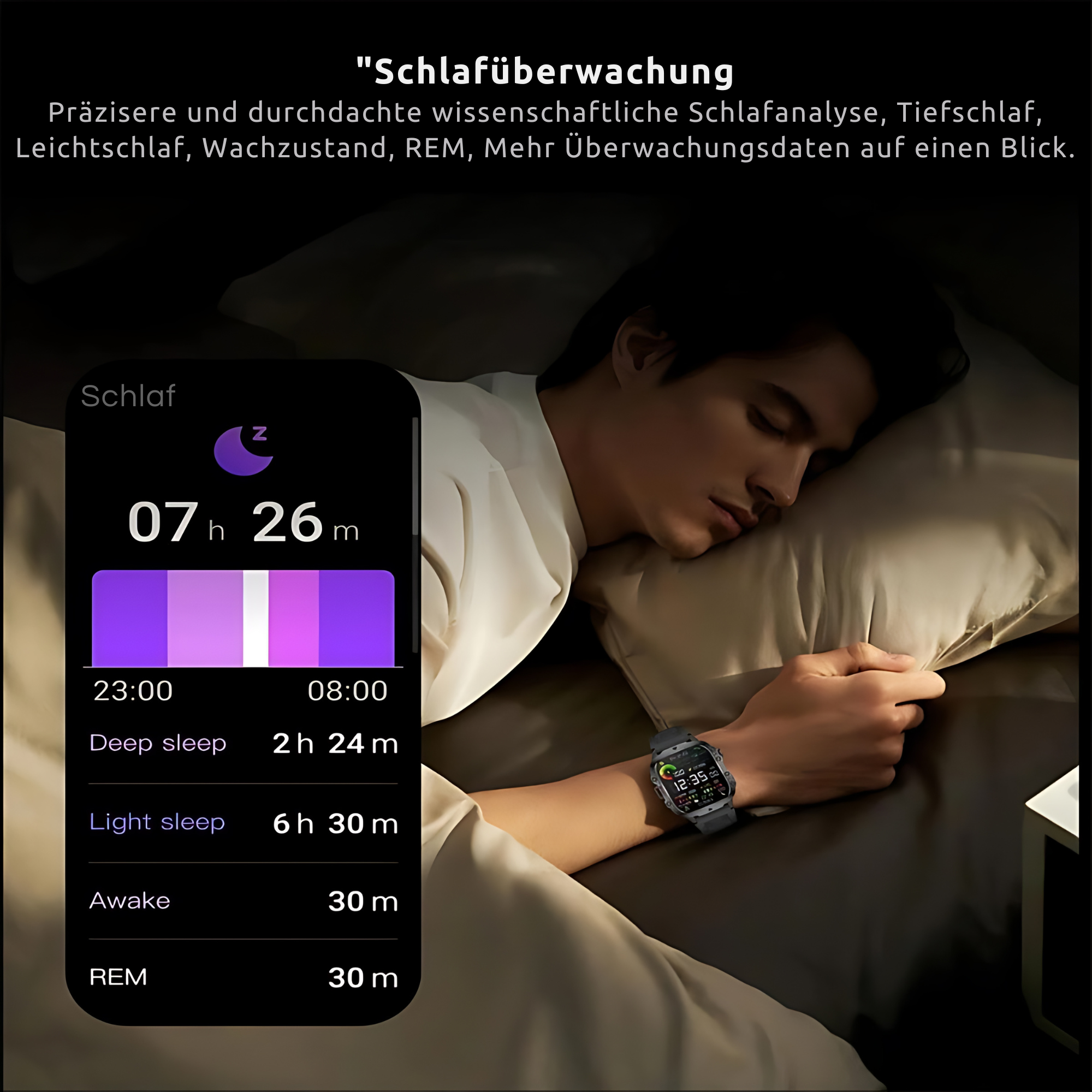 Mężczyzna śpi, smartwatch pokazuje fazy snu, na łóżku.