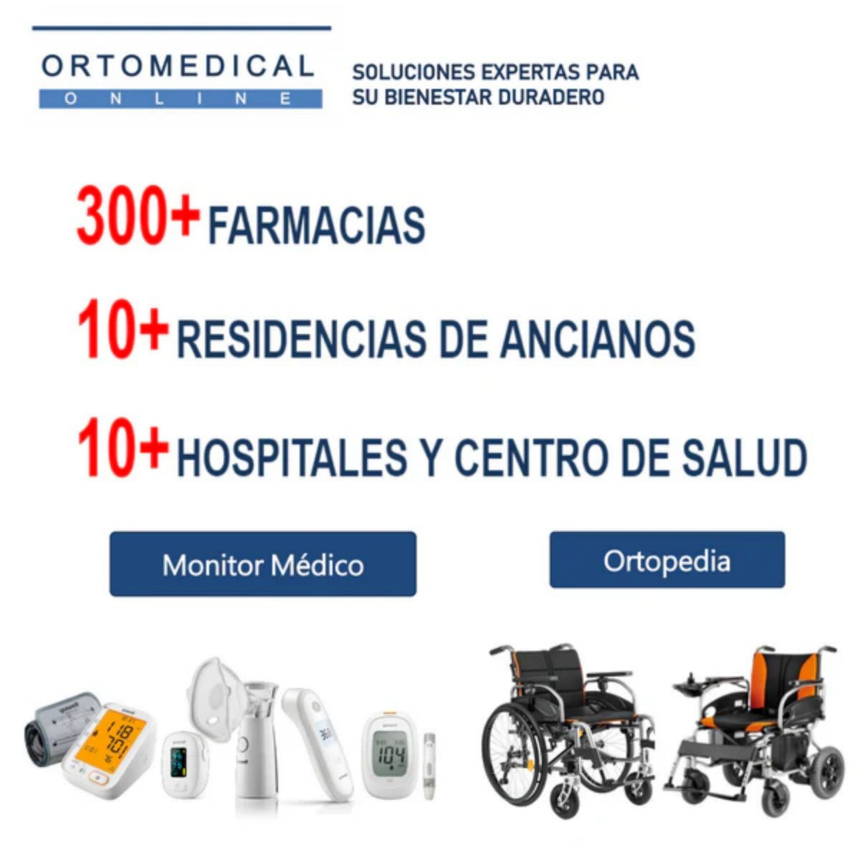 Image promotionnelle pour Ortomedical. Le texte énumère les services et présente des fournitures médicales et des aides à la mobilité.