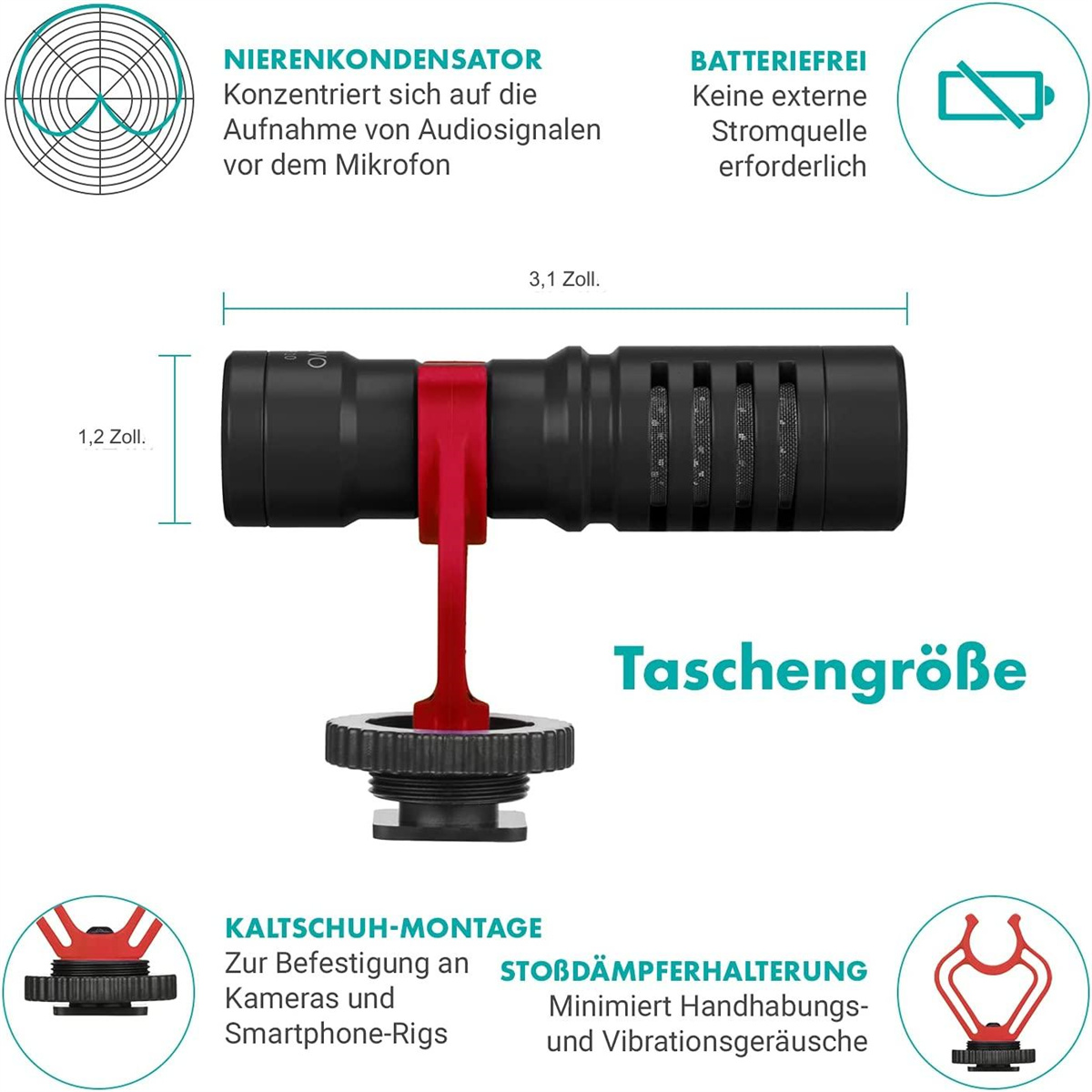 Schwarzes Mikrofon mit rotem Halter, Abmessungen und Infografiken.