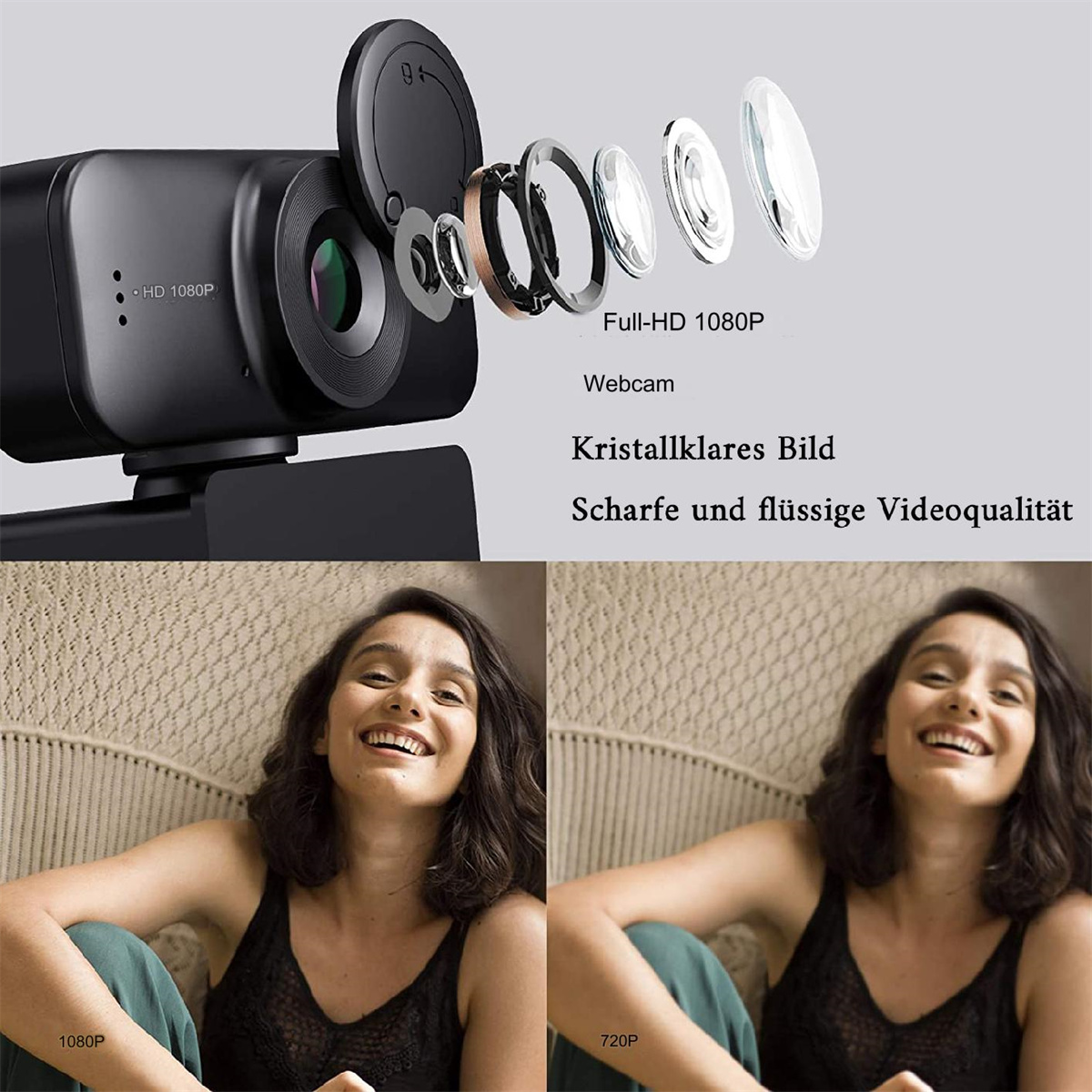 Eine Webcam mit Full HD 1080P, Linsen und zwei Bildern einer lächelnden Frau. Eines ist 1080P, das andere 720P.