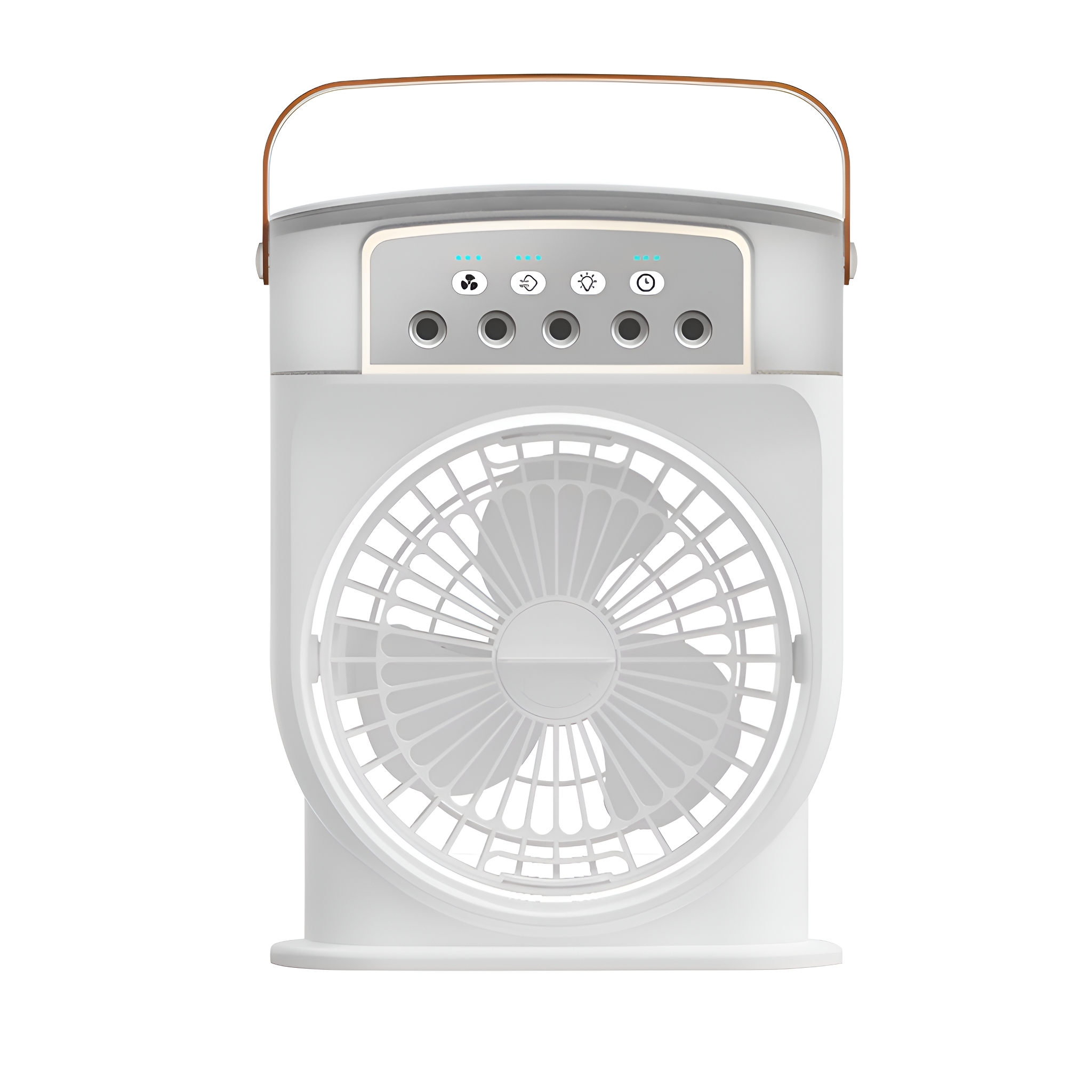 Ein weißer Ventilator mit braunem Griff und Knöpfen. Er hat ein rundes Lüfterblatt.