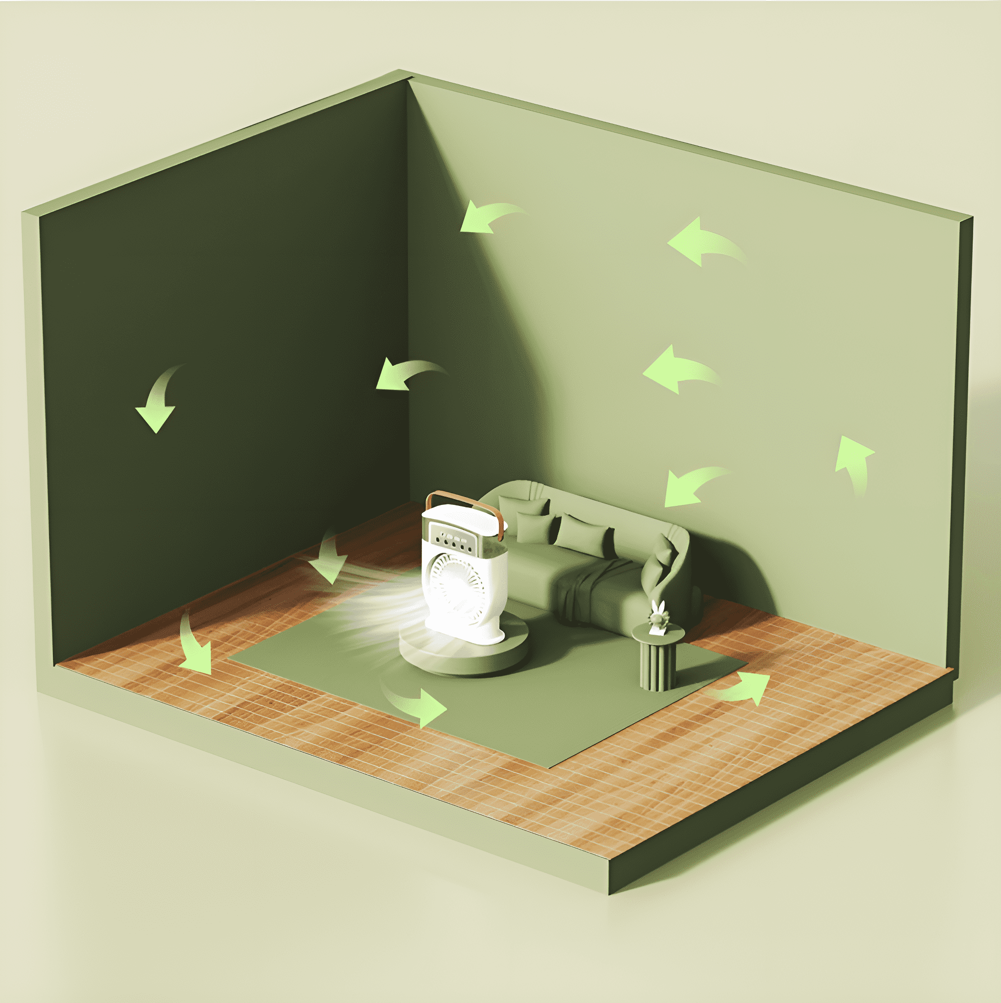 Ein 3D-Modell eines Raumes mit einem Ventilator, der Luft in Richtung eines Sofas bläst, und Pfeilen, die den Luftstrom zeigen.
