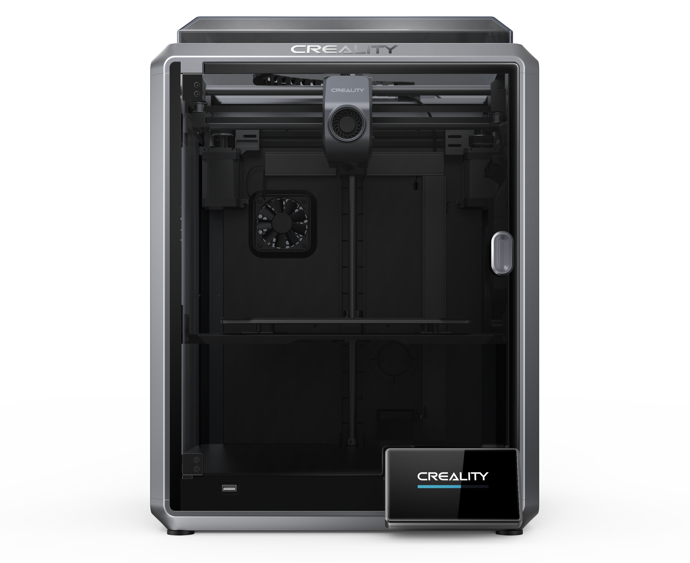 Ein 3D-Drucker mit schwarzem Innenraum und Display. Der Drucker ist grau mit dem Wort CREALITY.