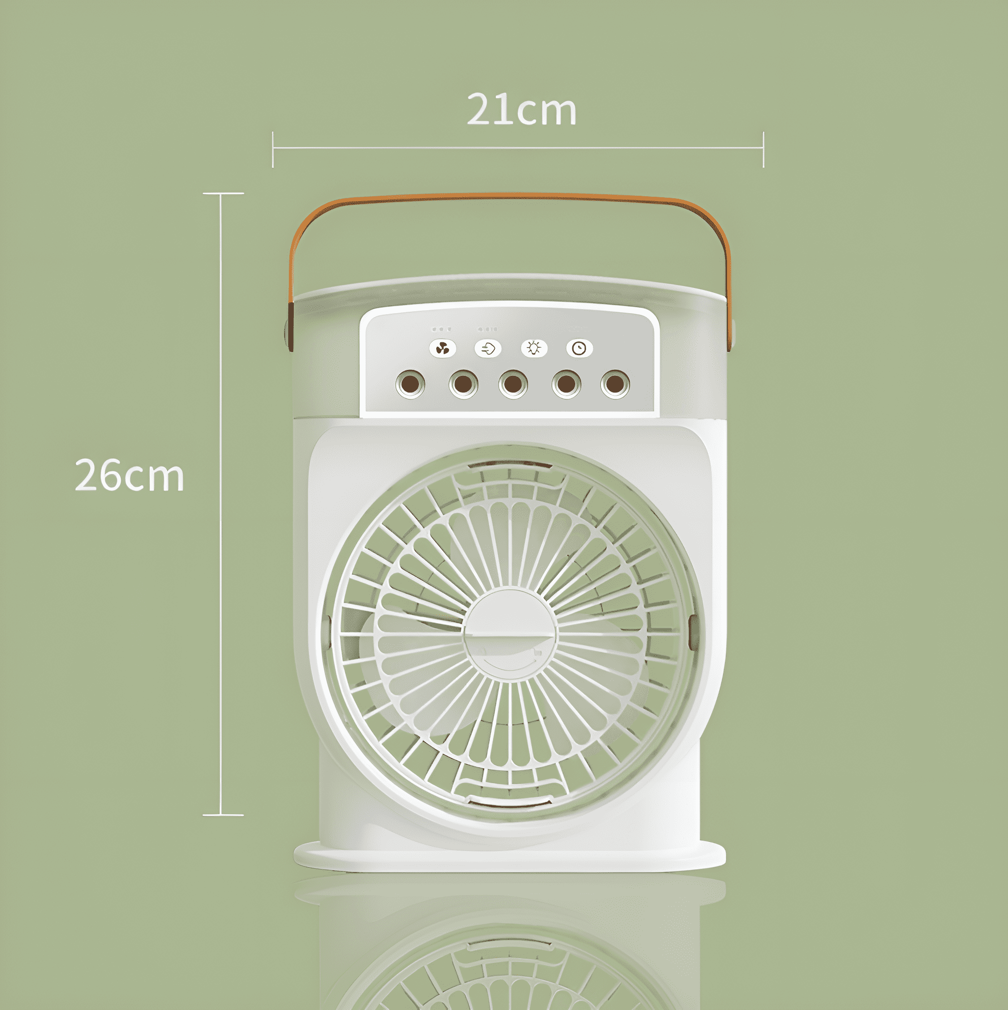 Ein weißer Ventilator mit braunem Griff und Maßen in cm: 21 cm breit, 26 cm hoch.