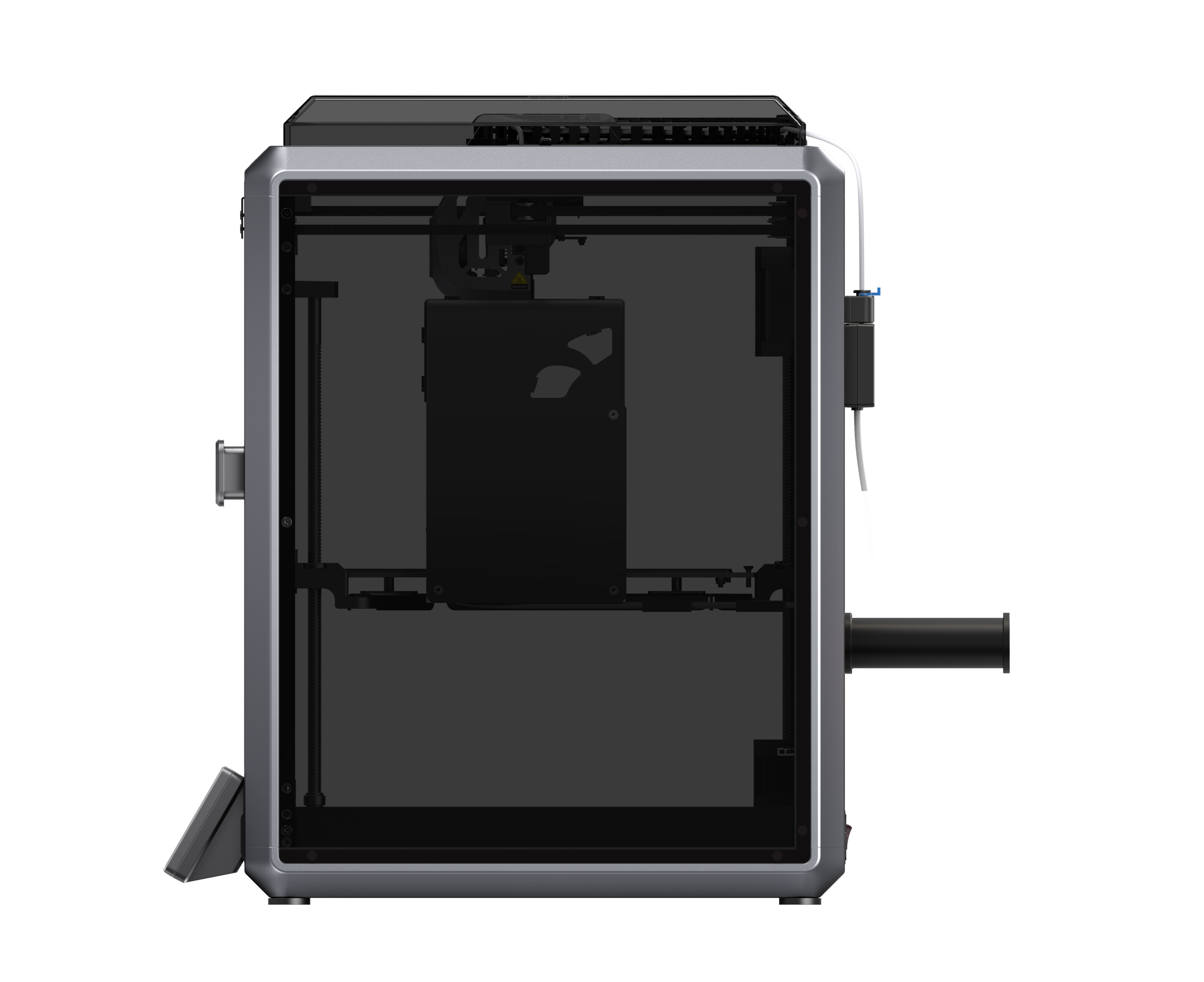 Ein 3D-Drucker, dunkel, mit Glastür und verschiedenen Komponenten, auf schwarzem Hintergrund.