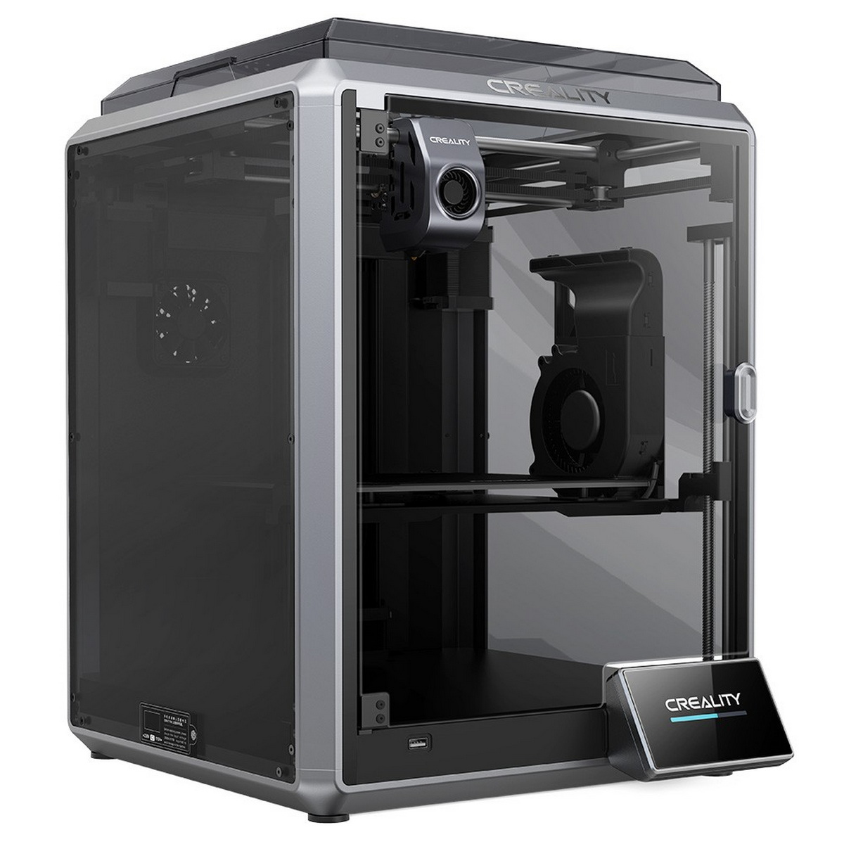 3D-Drucker in grau-schwarzem Gehäuse mit transparenten Paneelen. Zeigt das Creality-Logo.