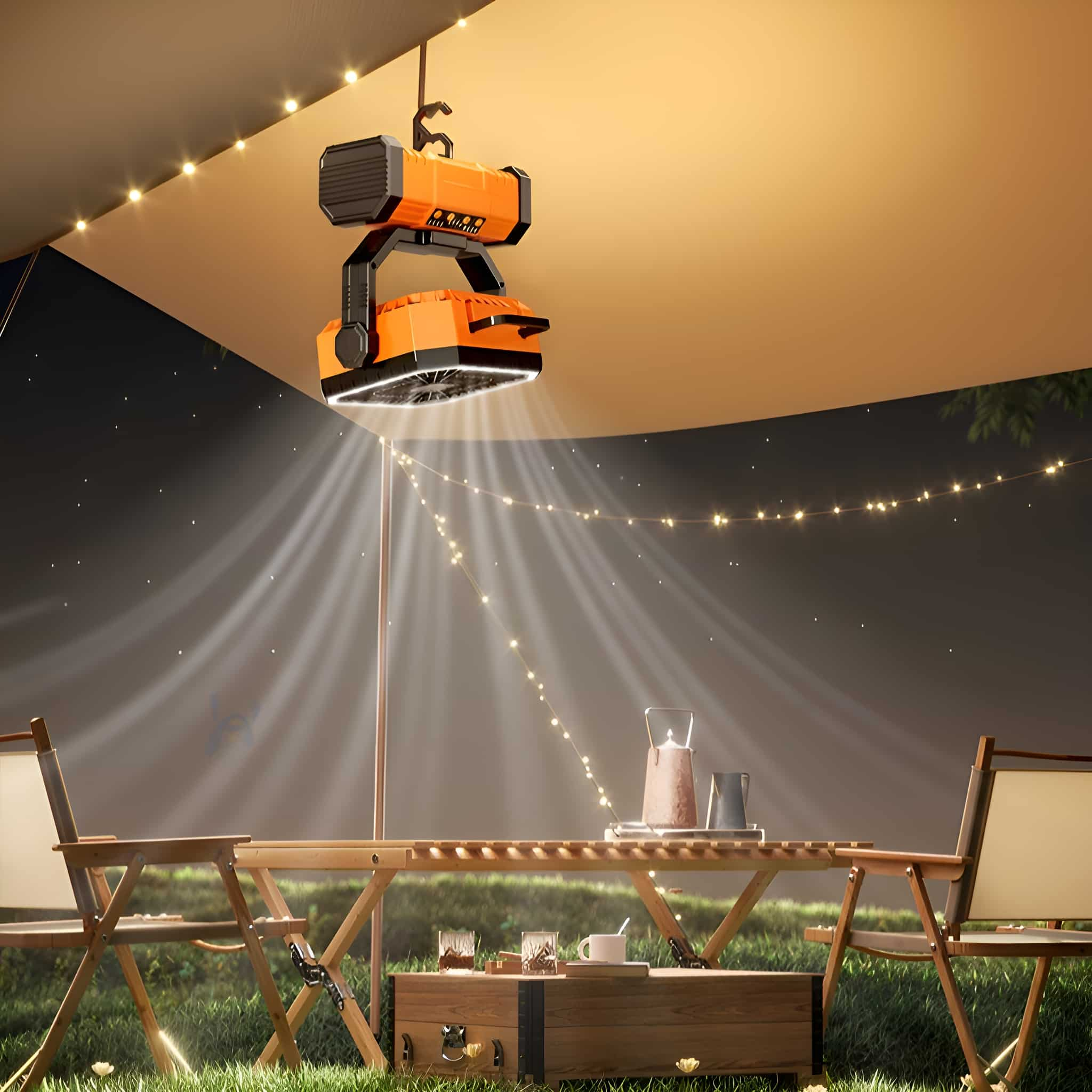 Ein orangefarbener Campingventilator, der an einem Zelt hängt. Darunter ein Tisch und Stühle mit Lichterketten.