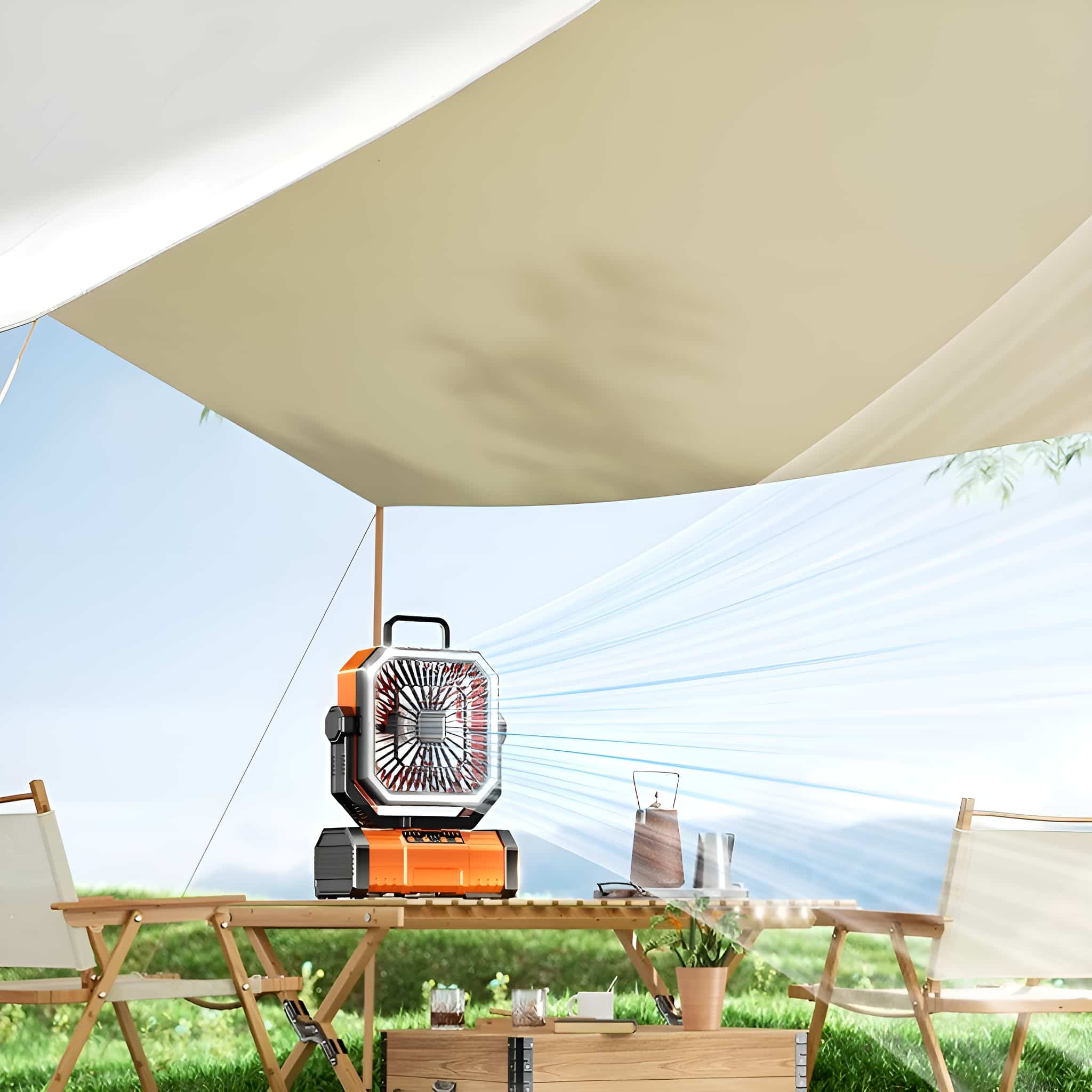 Orangener und schwarzer Ventilator auf einem Tisch, mit einem Zelt darüber und sonnigem Himmel im Hintergrund.