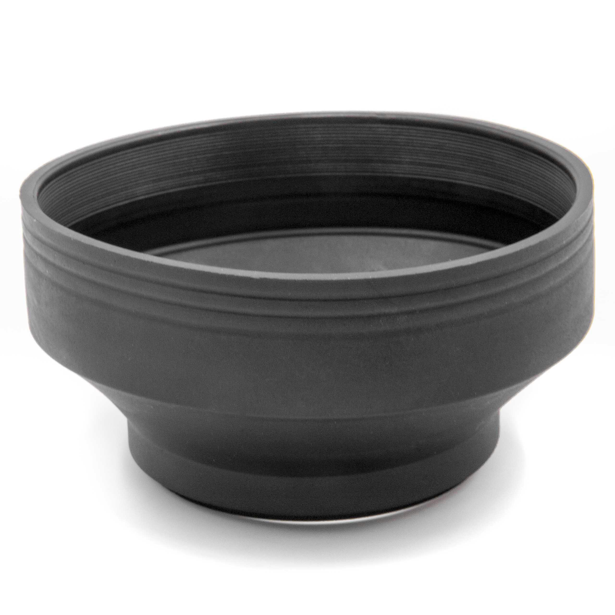 Schwarze Kamera-Objektiv-Gegenlichtblende, geformt wie eine breite, flache Tasse, mit geriffelten Seiten.