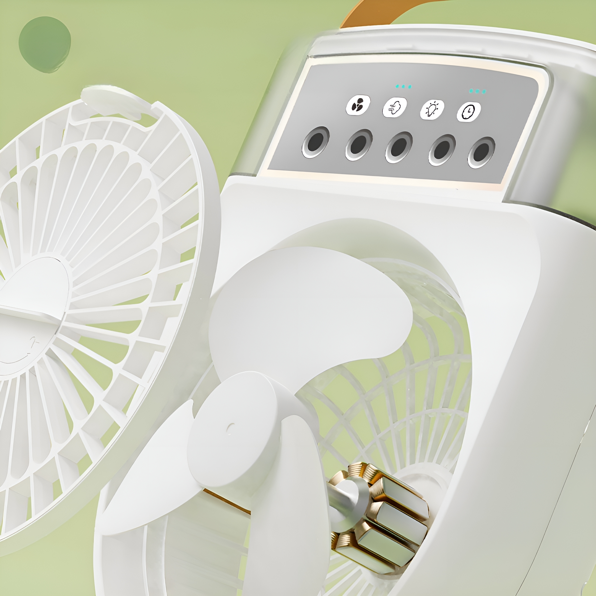 Nahaufnahme eines weißen Ventilators mit abgenommener Abdeckung, die die Flügel und die Innenteile freigibt. Der Ventilator ist weiß.