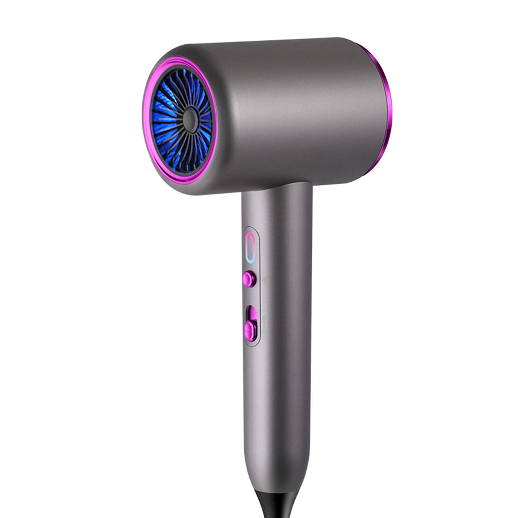 Haartrockner, grauer Körper, blauer Ventilator, rosa Akzente. Griff und Knöpfe sichtbar, isoliert.