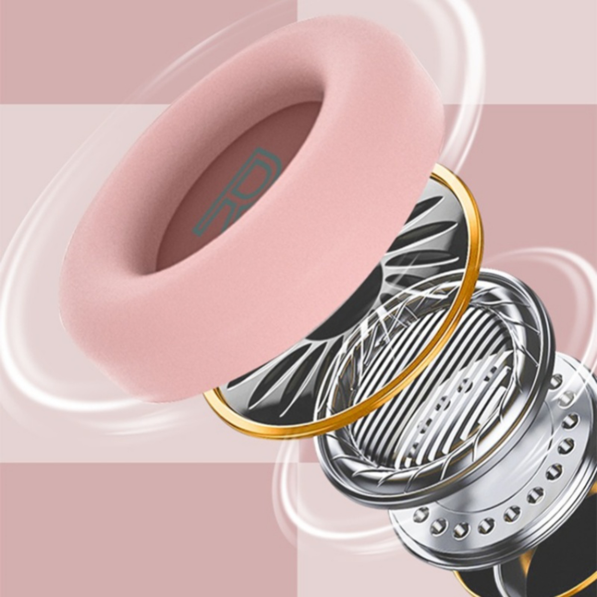 Explosionsansicht der Kopfhörerkomponenten: rosa Polster, goldener Ring und Lautsprecherteile.