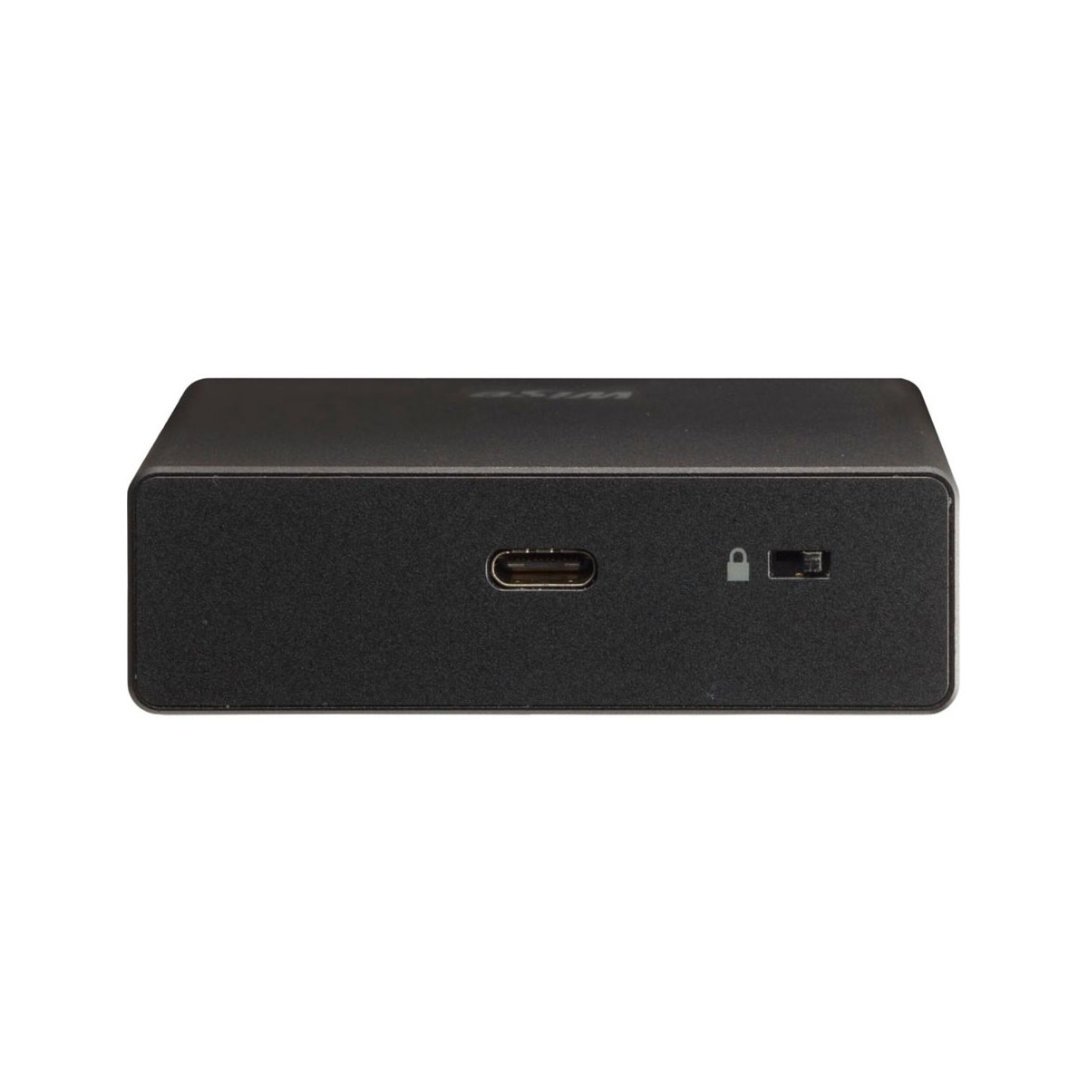 Un dispositivo nero, rettangolare con porta USB-C e interruttore di blocco è visibile.