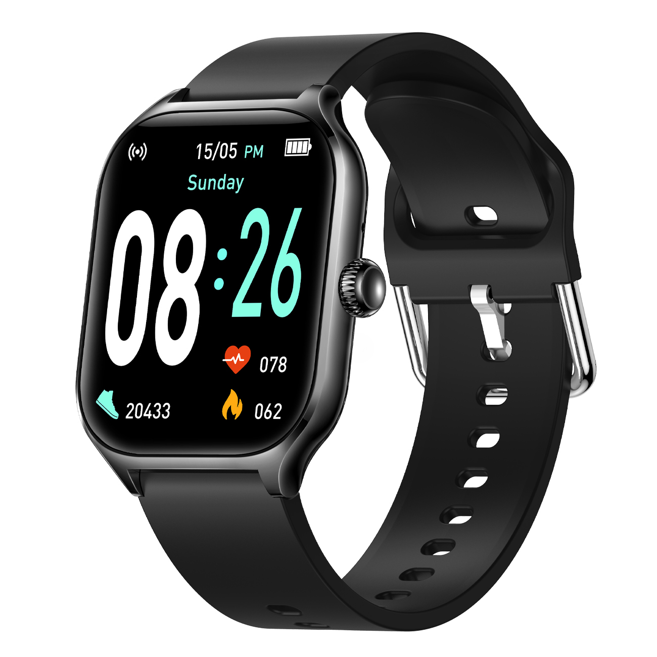 Smartwatch nero con cinturino nero. Lo schermo mostra ora, data e metriche di salute.