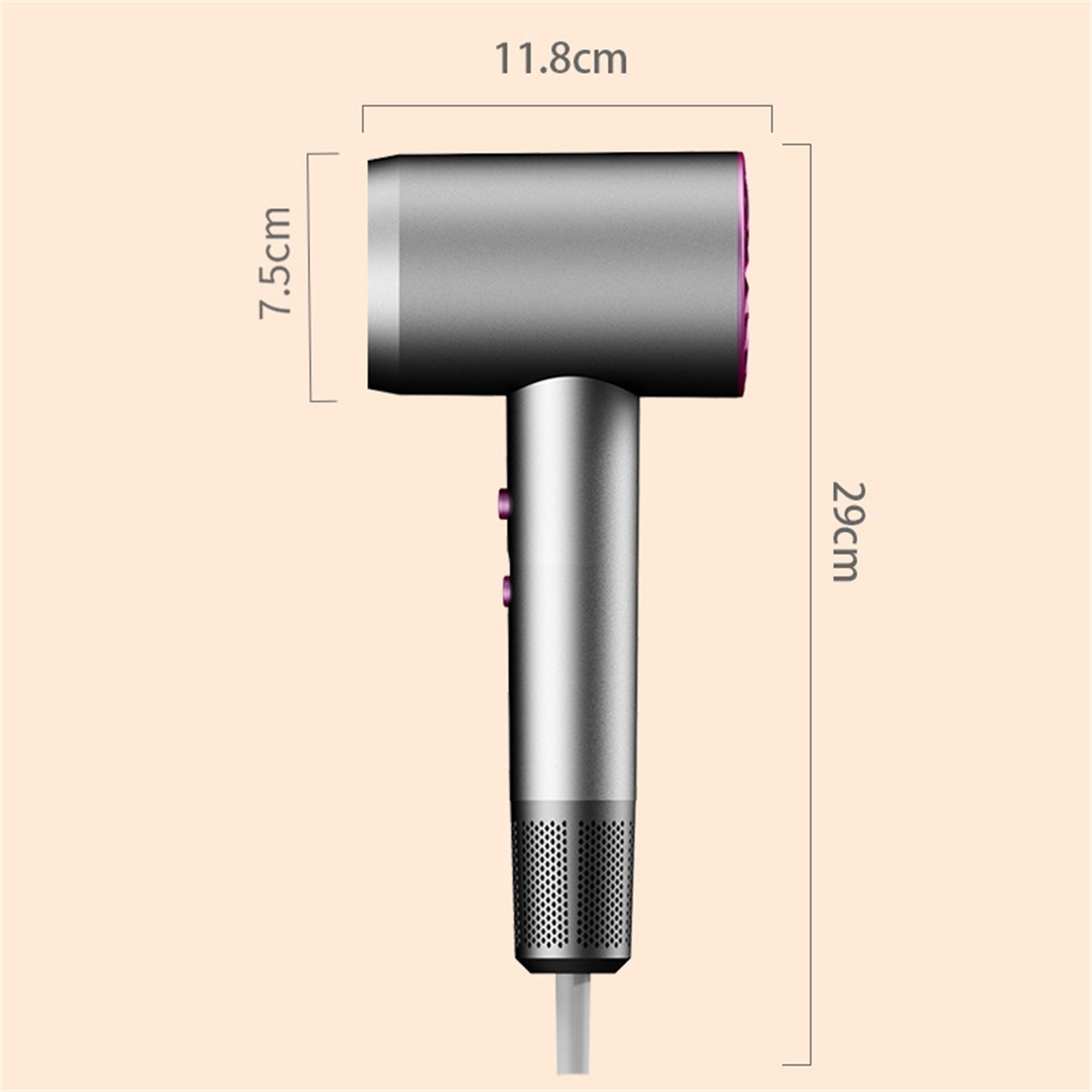 Silberner Haartrockner mit Maßen. Griff schwarz, Ende pink.
