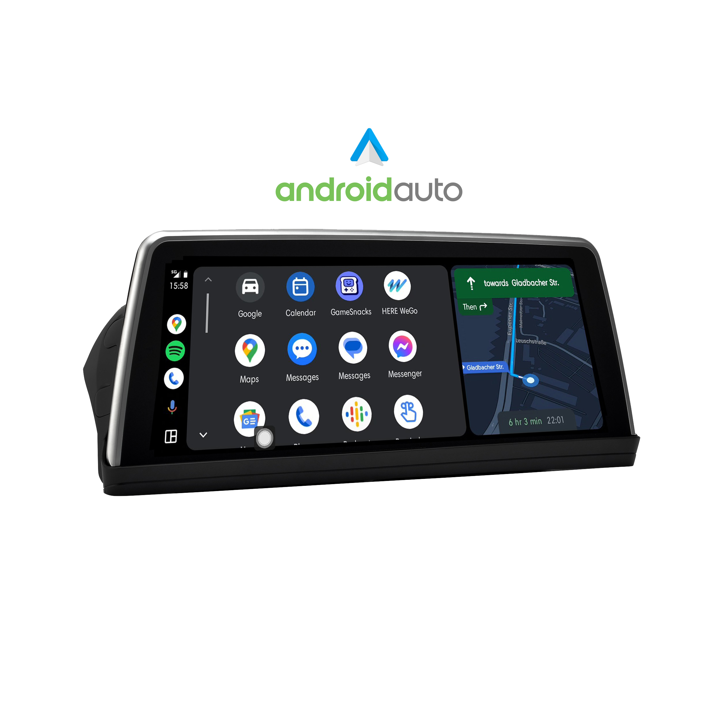 Android Auto Display im Auto. Zeigt Navigations-Oberfläche mit Karte und Apps.