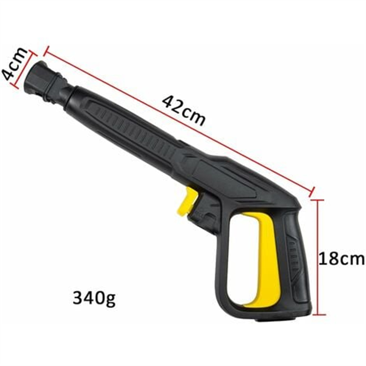 Schwarz-gelbe Hochdruckreinigerpistole mit Abmessungen und Gewichtsangaben.