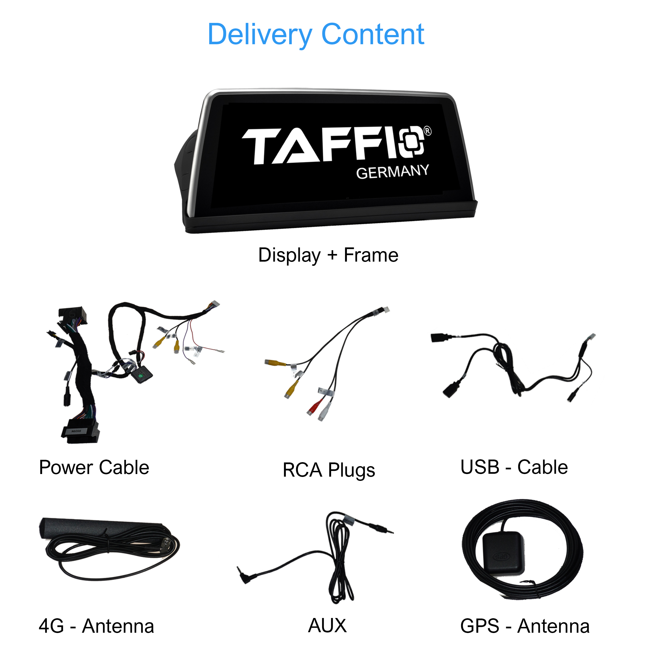 Komponenten des Auto-Multimediasystems: Display, Stromkabel, Cinch-Stecker, USB-Kabel, Antenne, GPS.