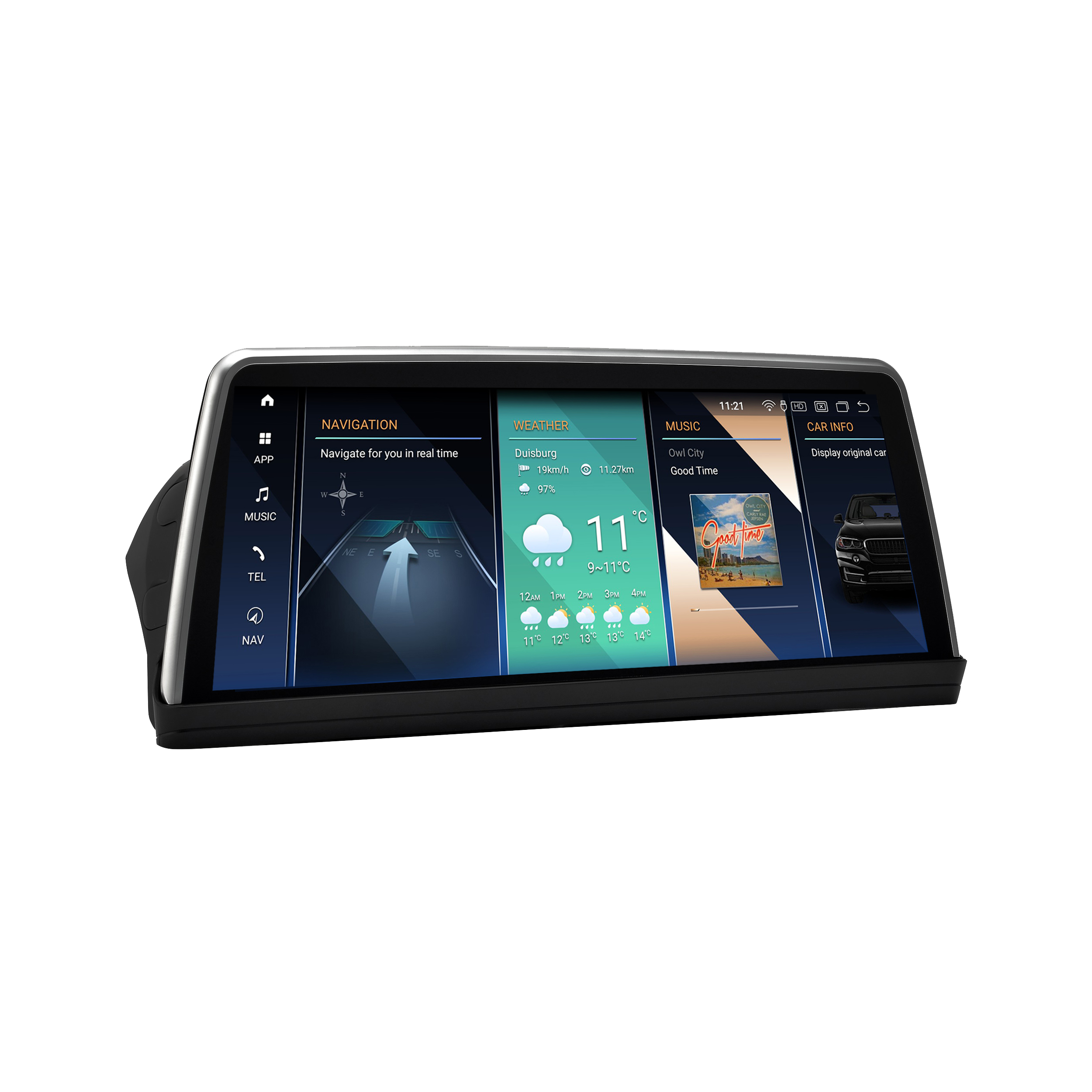 Ein Auto-Infotainment-Bildschirm, der Navigation, Wetter, Musik und Auto-Infos anzeigt.