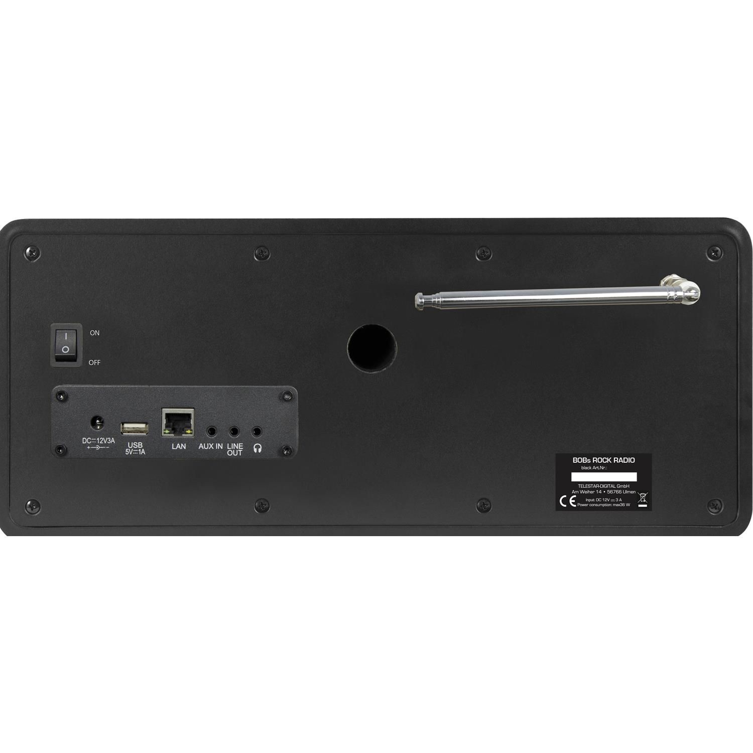 Rückseite eines schwarzen Radios mit USB-Anschluss, LAN, Aux-Ausgang und Antenne.