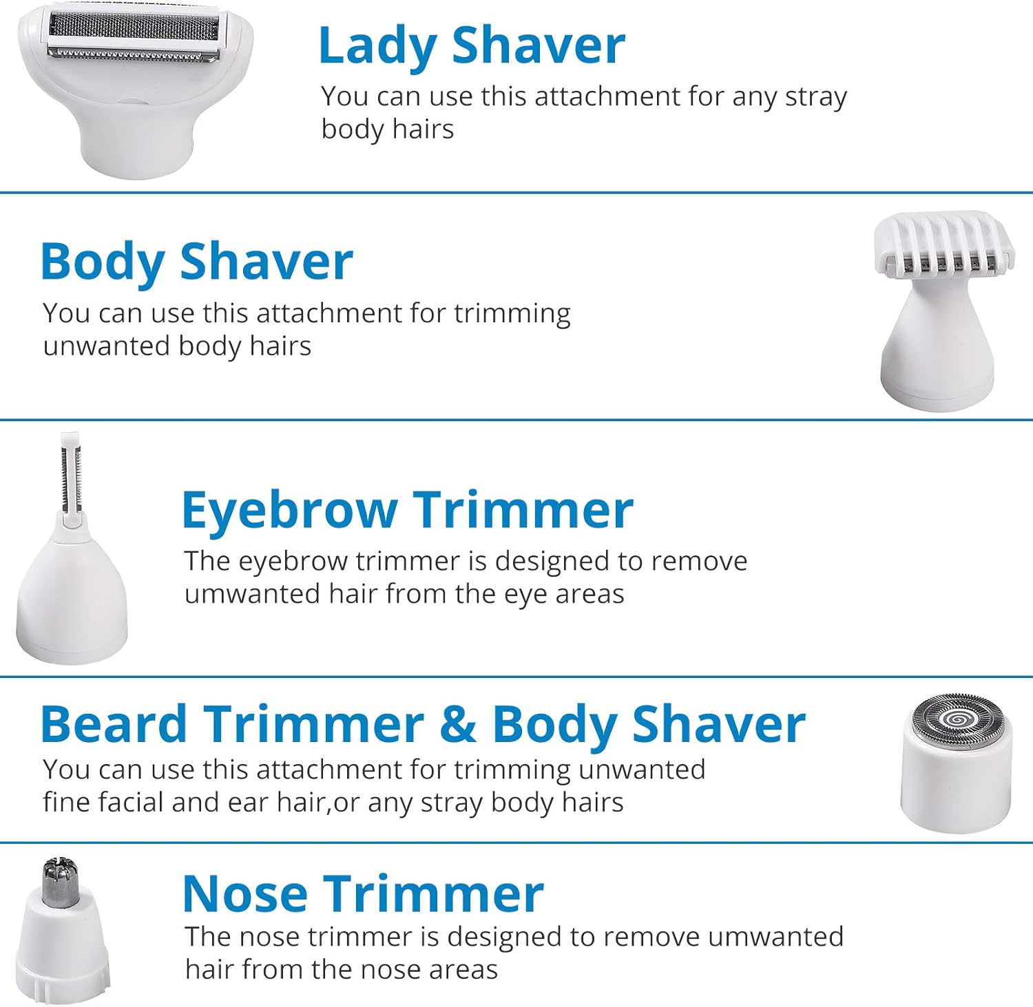 Nahaufnahme von fünf Rasieraufsätzen mit Beschriftungen für Lady Shaver, Body Shaver, Trimmer.
