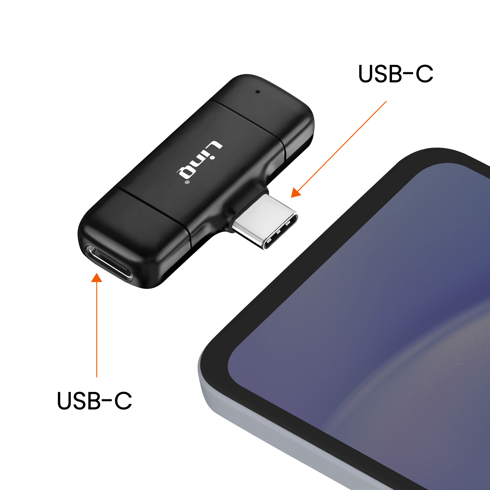 Adattatore USB-C nero con porte USB-C, collegato a un tablet.