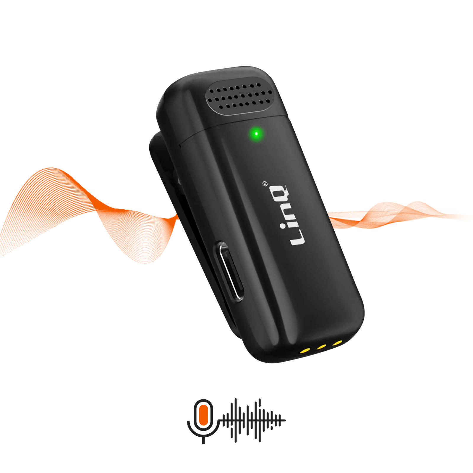 Microfono wireless nero con clip. Luce verde accesa. Onde sonore arancioni sullo sfondo, con un'icona del suono.