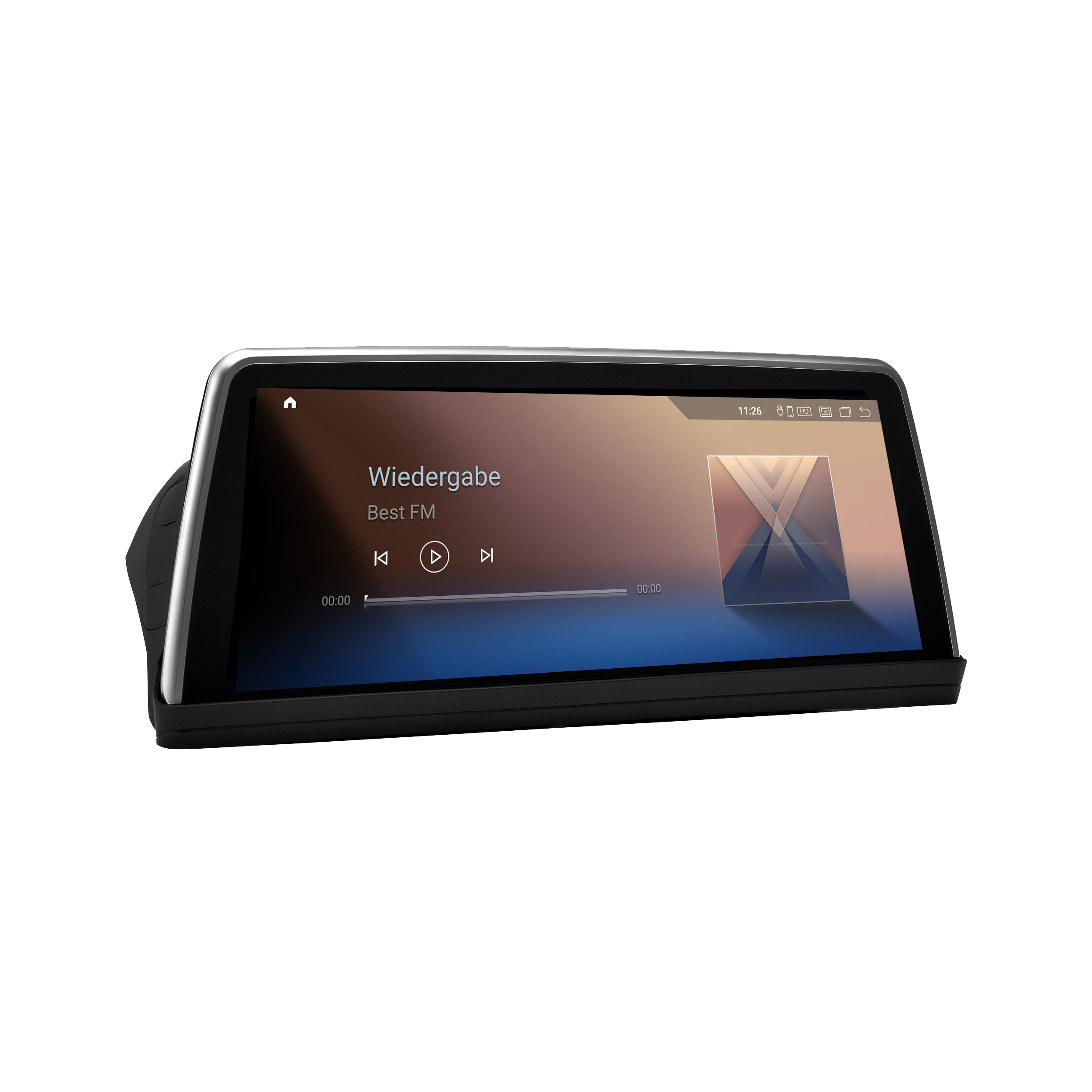 Auto-Multimedia-System mit schwarzem Rahmen und Bildschirm. Der Bildschirm zeigt eine Musik-Player-Oberfläche.