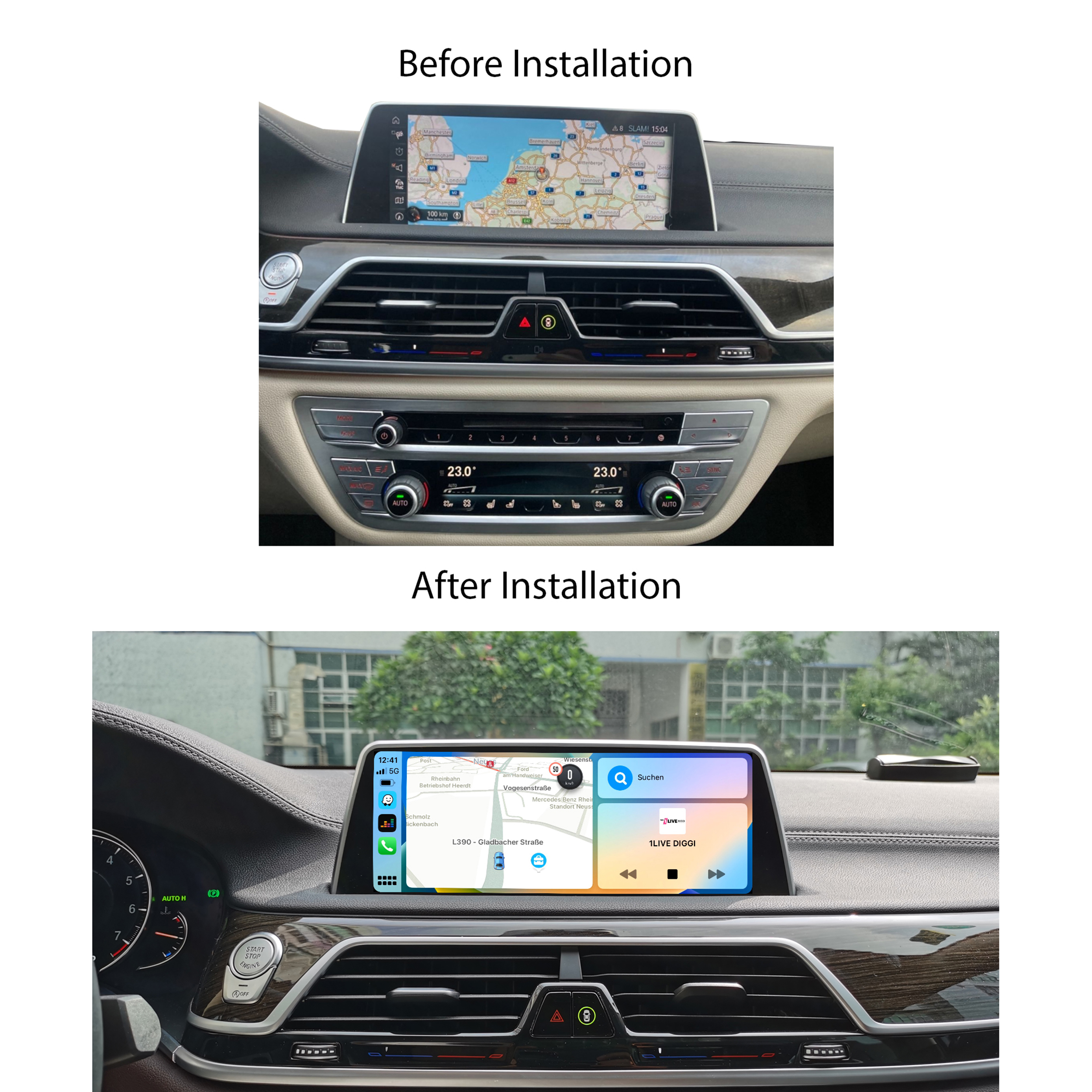 Zwei Bilder des Armaturenbretts eines Autos, vor und nach der Installation des Navigationssystems.