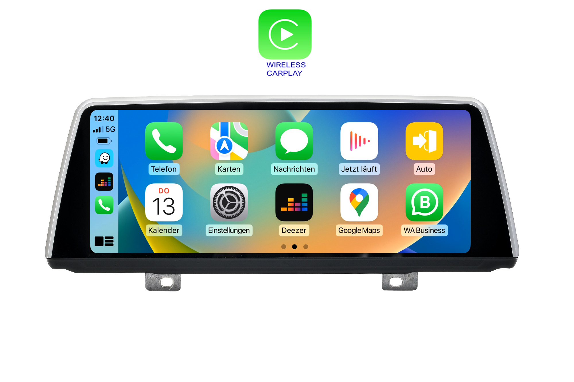 Auto-Dashboard-Bildschirm mit App-Symbolen, einschließlich Apple CarPlay, und einem 'Wireless CarPlay'-Logo.
