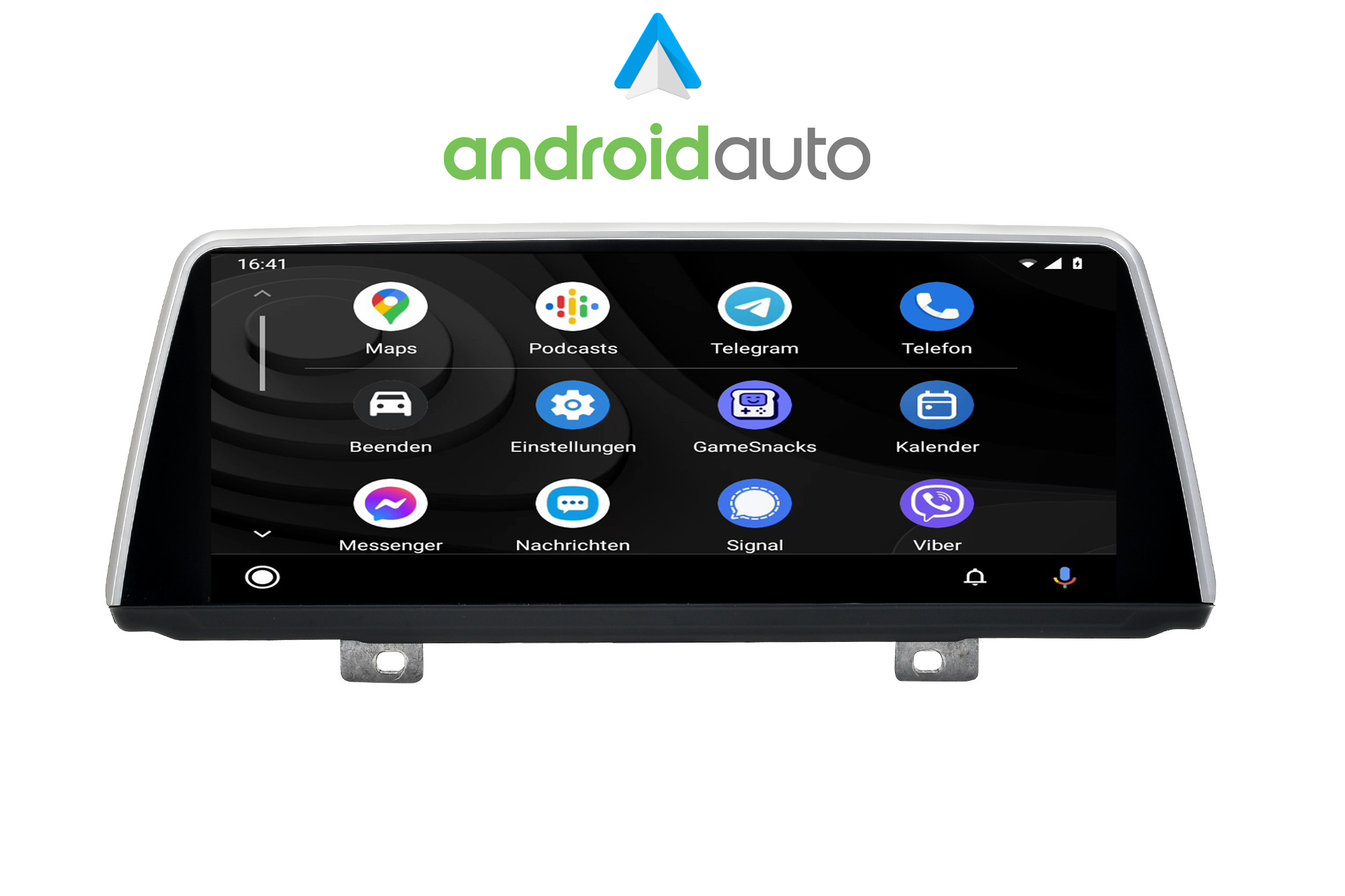 Ein Bildschirm im Auto, der die Android Auto-Oberfläche mit verschiedenen App-Symbolen anzeigt, vor weißem Hintergrund.