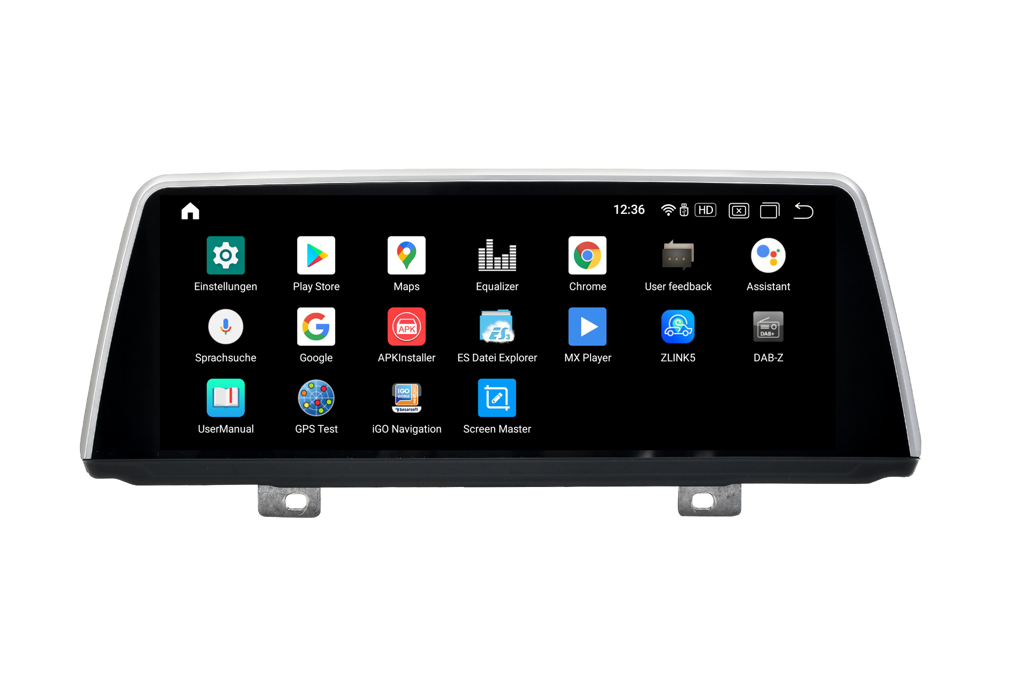 Bildschirm des Auto-Multimedia-Systems mit Symbolen. Er befindet sich auf weißem Hintergrund.