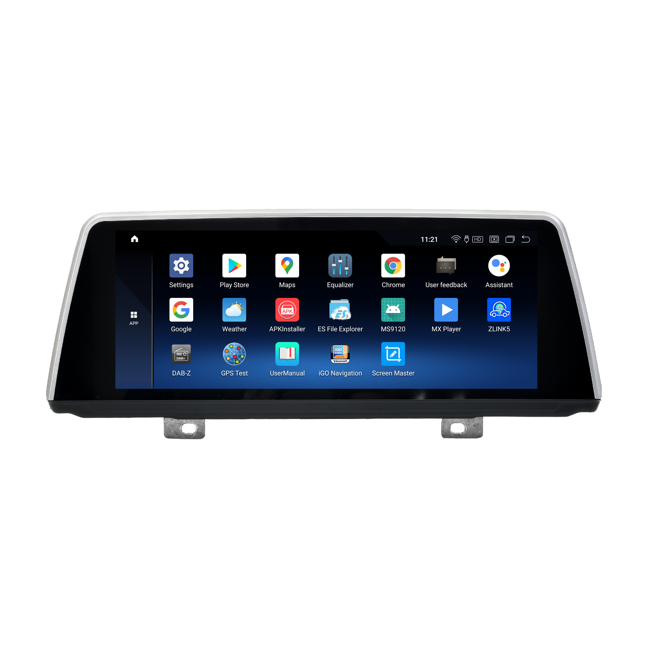 Auto-Multimedia-Player mit Touchscreen, der verschiedene App-Symbole anzeigt, darunter Einstellungen, Karten und Equalizer.