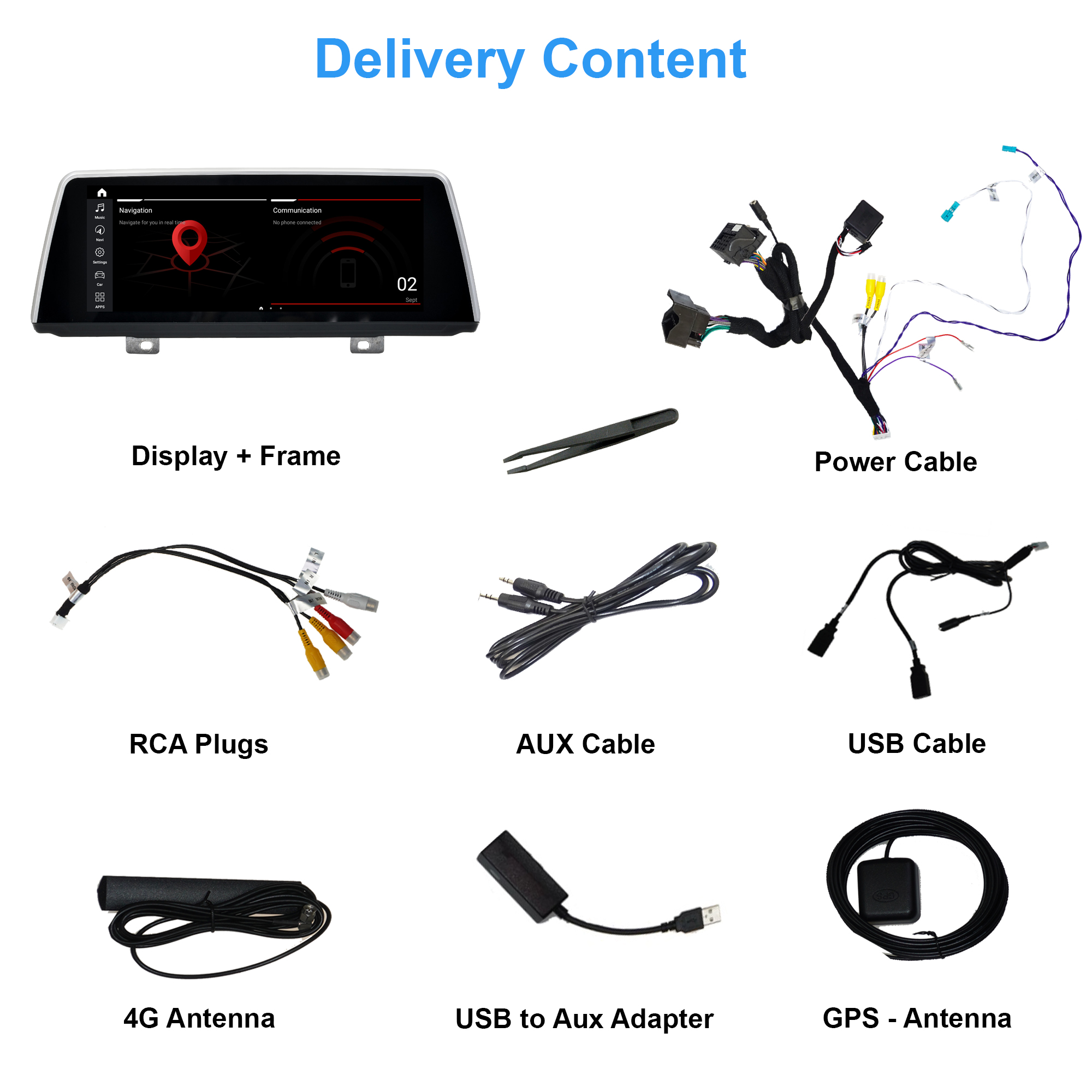 Eine Auswahl an Kfz-Multimedia-Systemkomponenten, darunter ein Display, Kabel und Adapter, wird angezeigt.