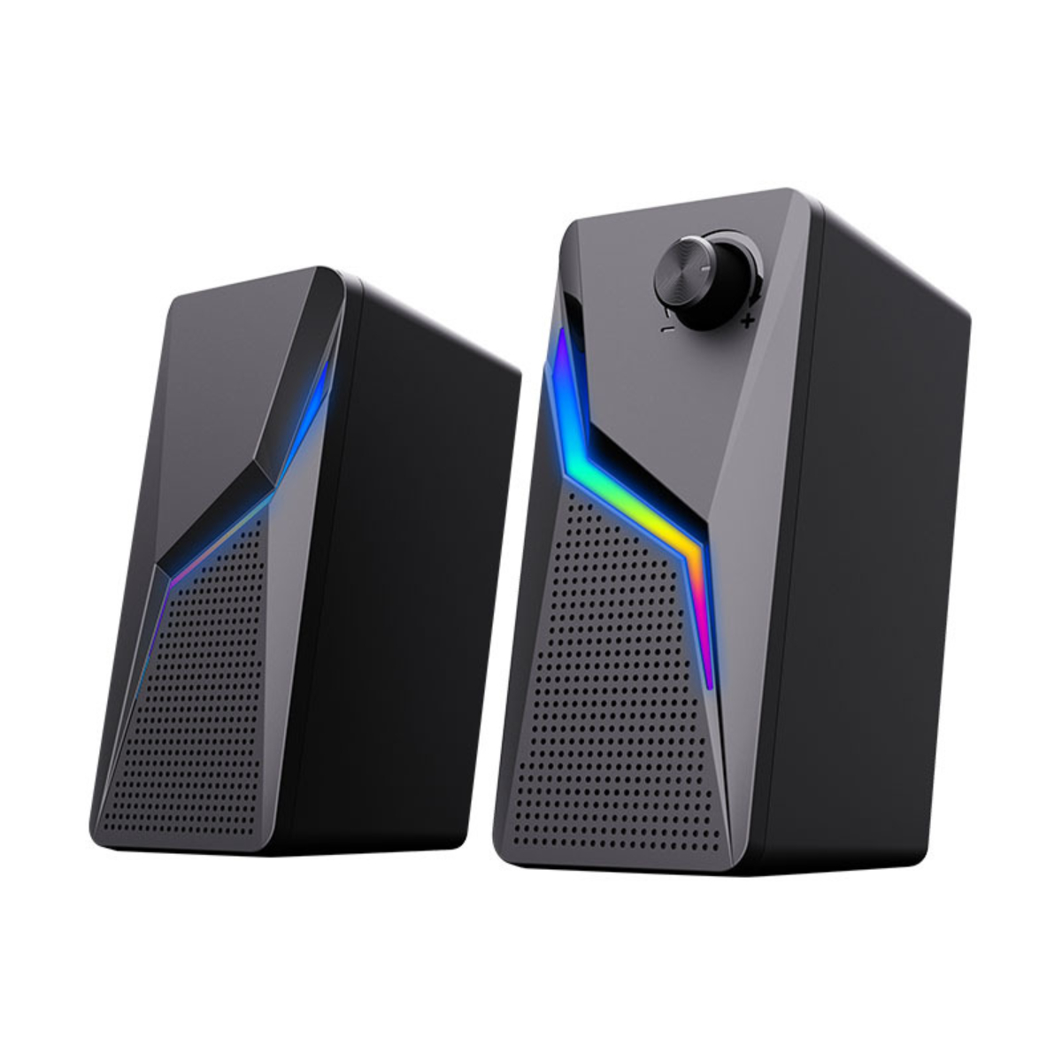 Zwei schwarze Computerlautsprecher mit bunten Lichtern und einem Lautstärkeregler.