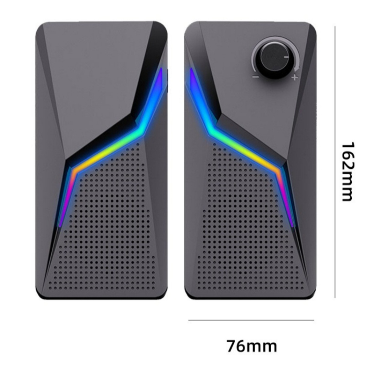 Zwei Lautsprecher mit grauem Design und LED-Leuchten. Abmessungen sind ebenfalls angegeben.