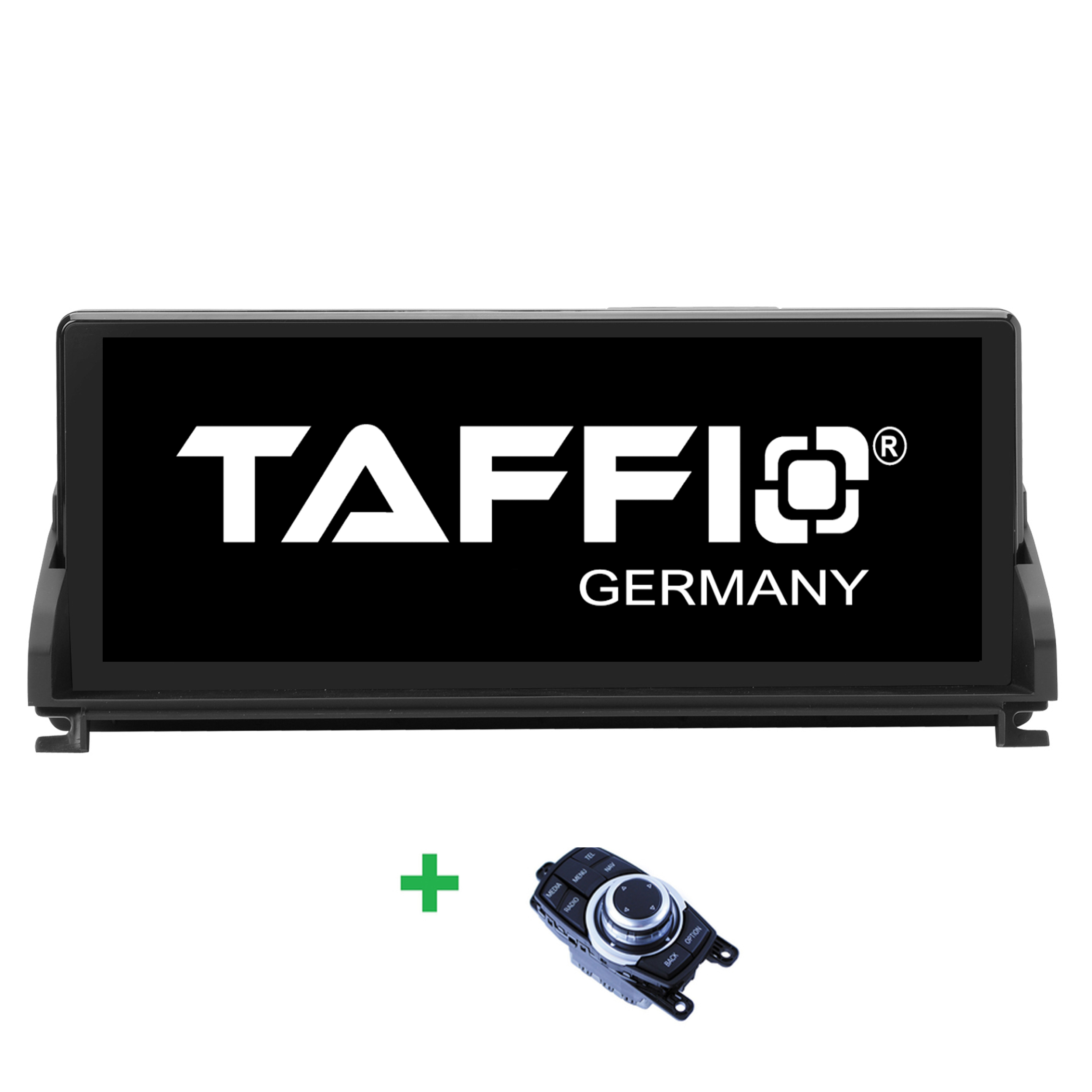 Das Bild zeigt einen Auto-Bildschirm und einen Bedienknopf. Der Bildschirm ist schwarz, mit dem Markennamen TAFFIO.