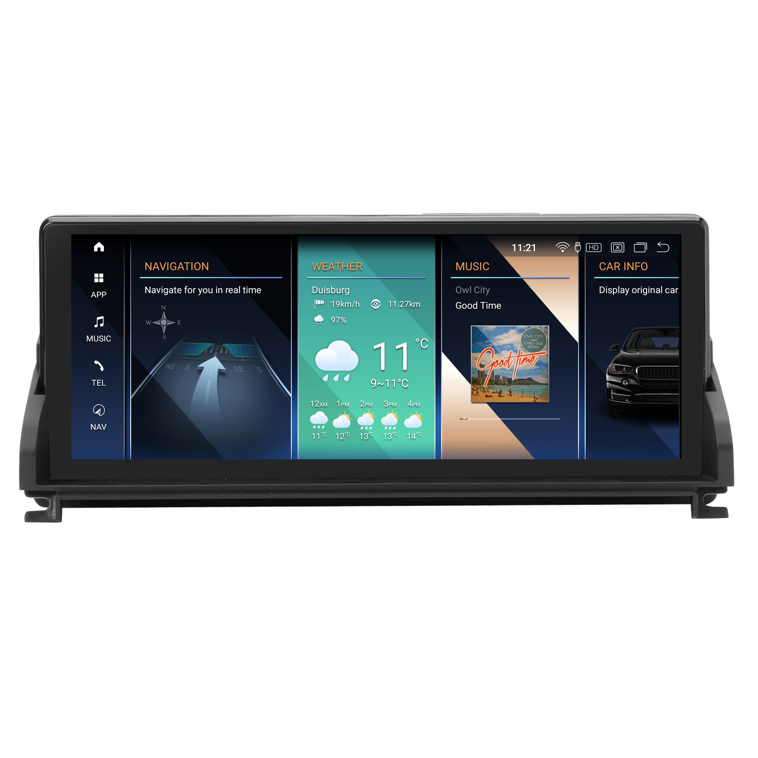 Ein Bildschirm mit Navigation, Wetter, Musik und Auto-Infos.