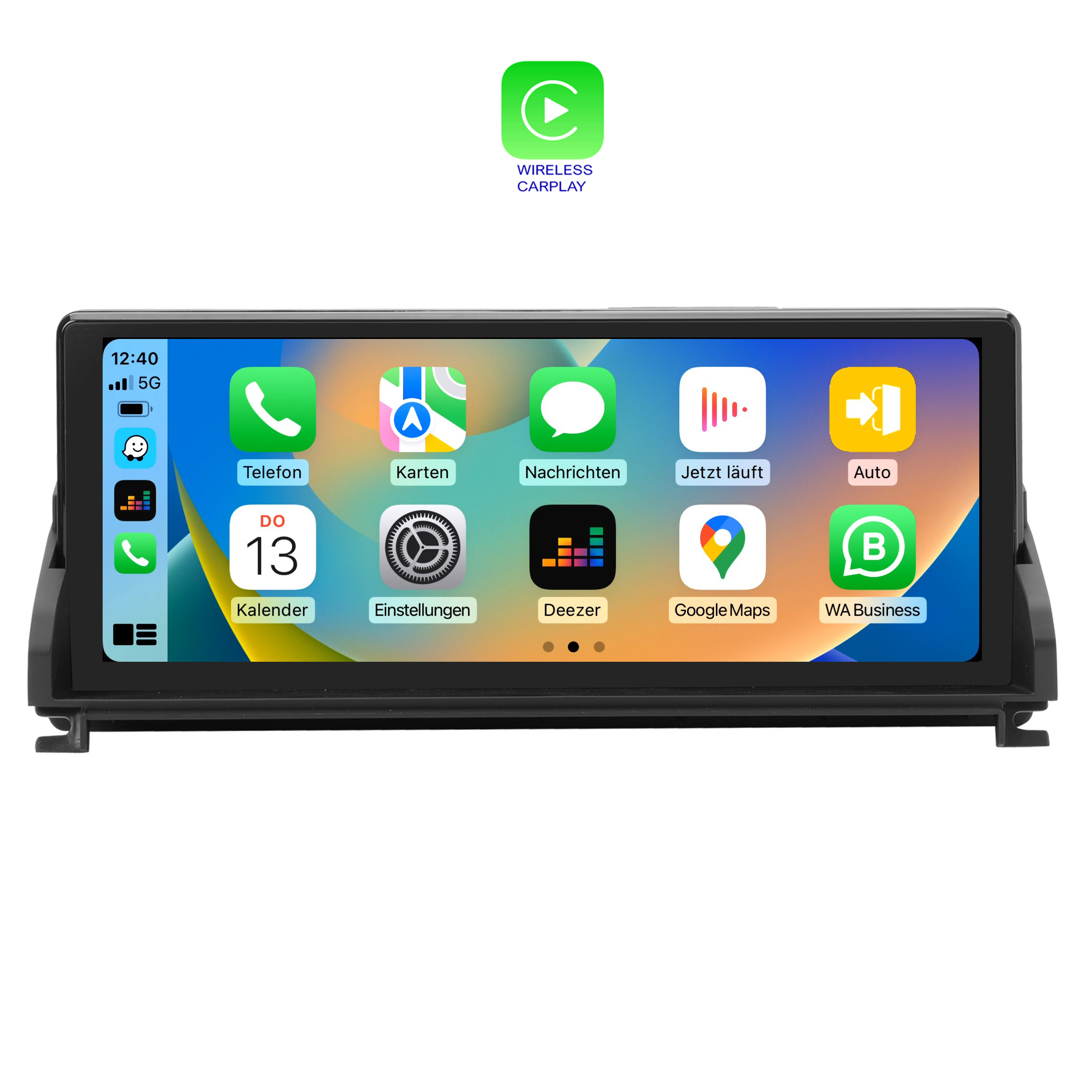 Auto-Dashboard mit Apple CarPlay-Oberfläche, die App-Symbole für Telefon, Karten und Einstellungen zeigt.