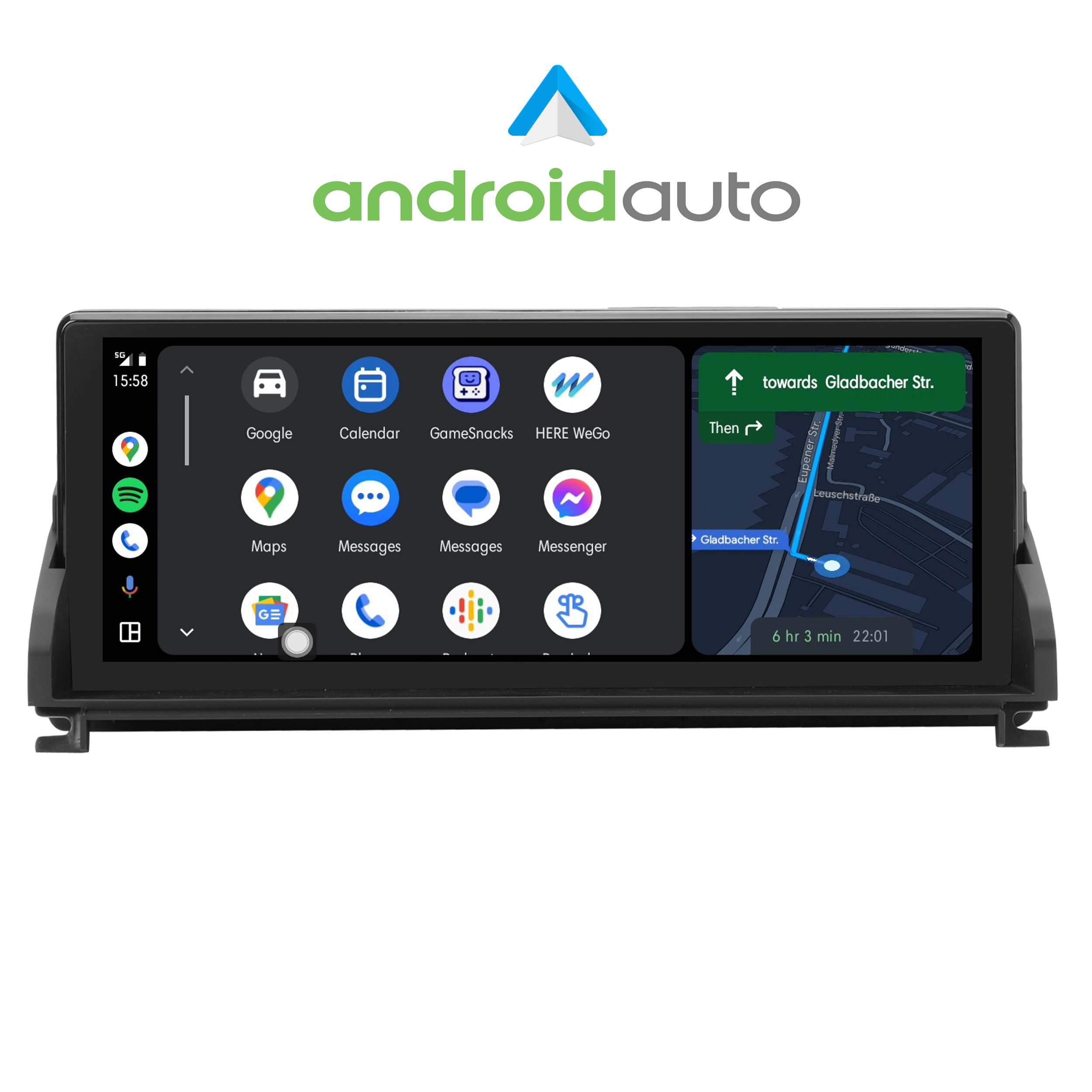 Auto-Infotainment-System-Bildschirm mit Android Auto, Navigations-Apps werden angezeigt.
