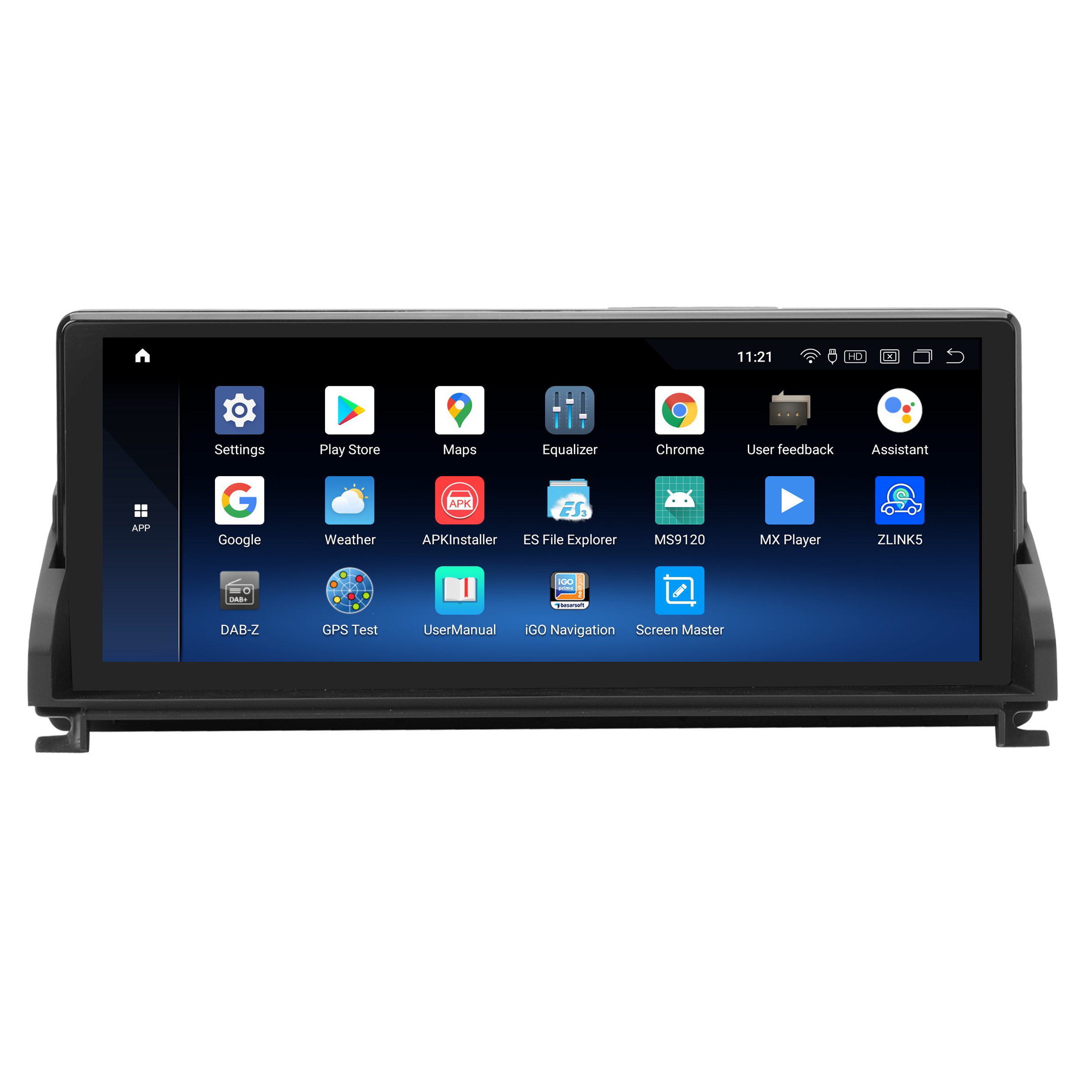 Auto-Multimedia-Bildschirm mit App-Symbolen.