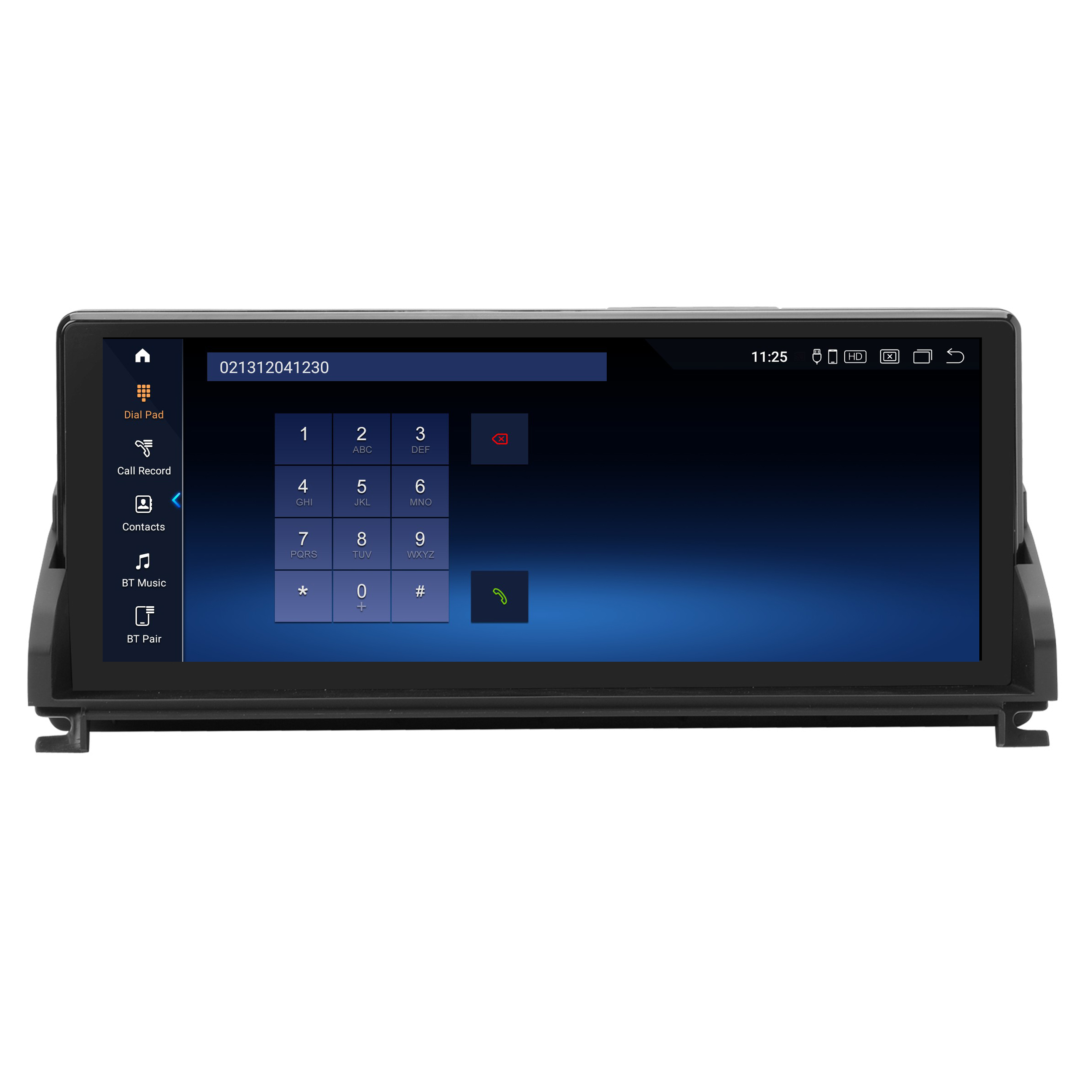 Bildschirm des Auto-Multimediasystems mit Wähltastatur. Blauer Hintergrund.