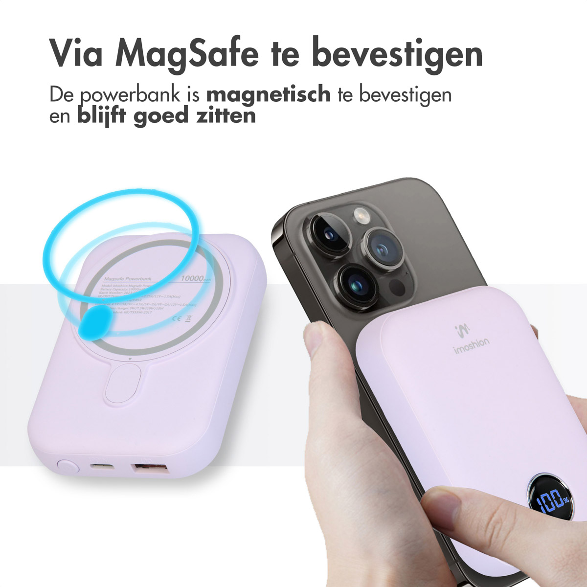 Ein Telefon, das drahtlos mit einer Powerbank geladen wird, mit 100% Ladeanzeige.