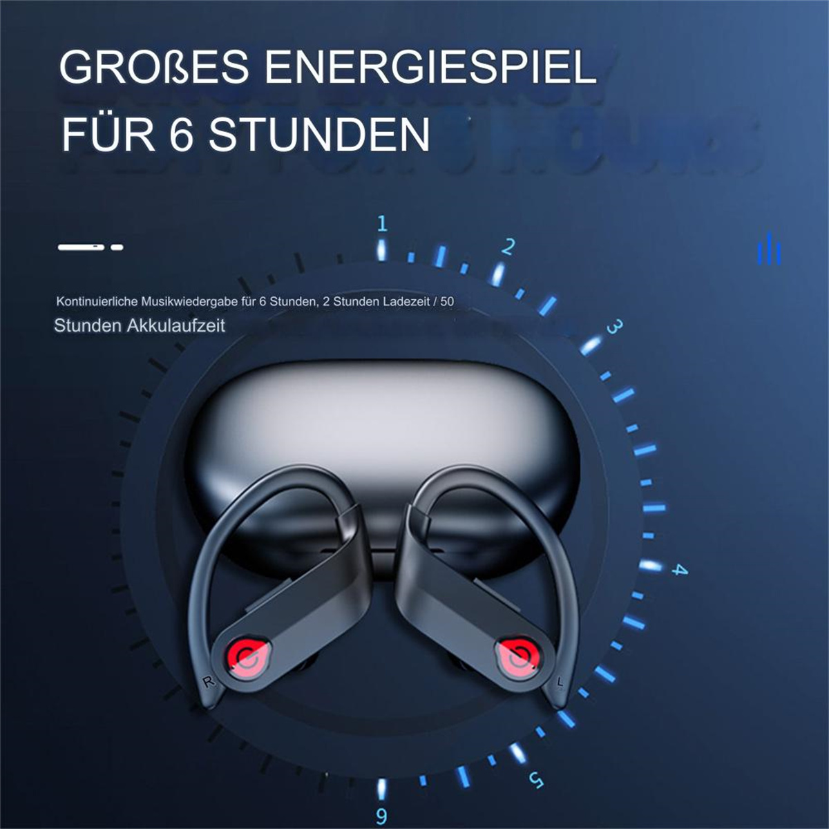 Kopfhörer mit Ladecase, Diagramm zur Akkulaufzeit. Text: '6 Stunden Spielzeit'.