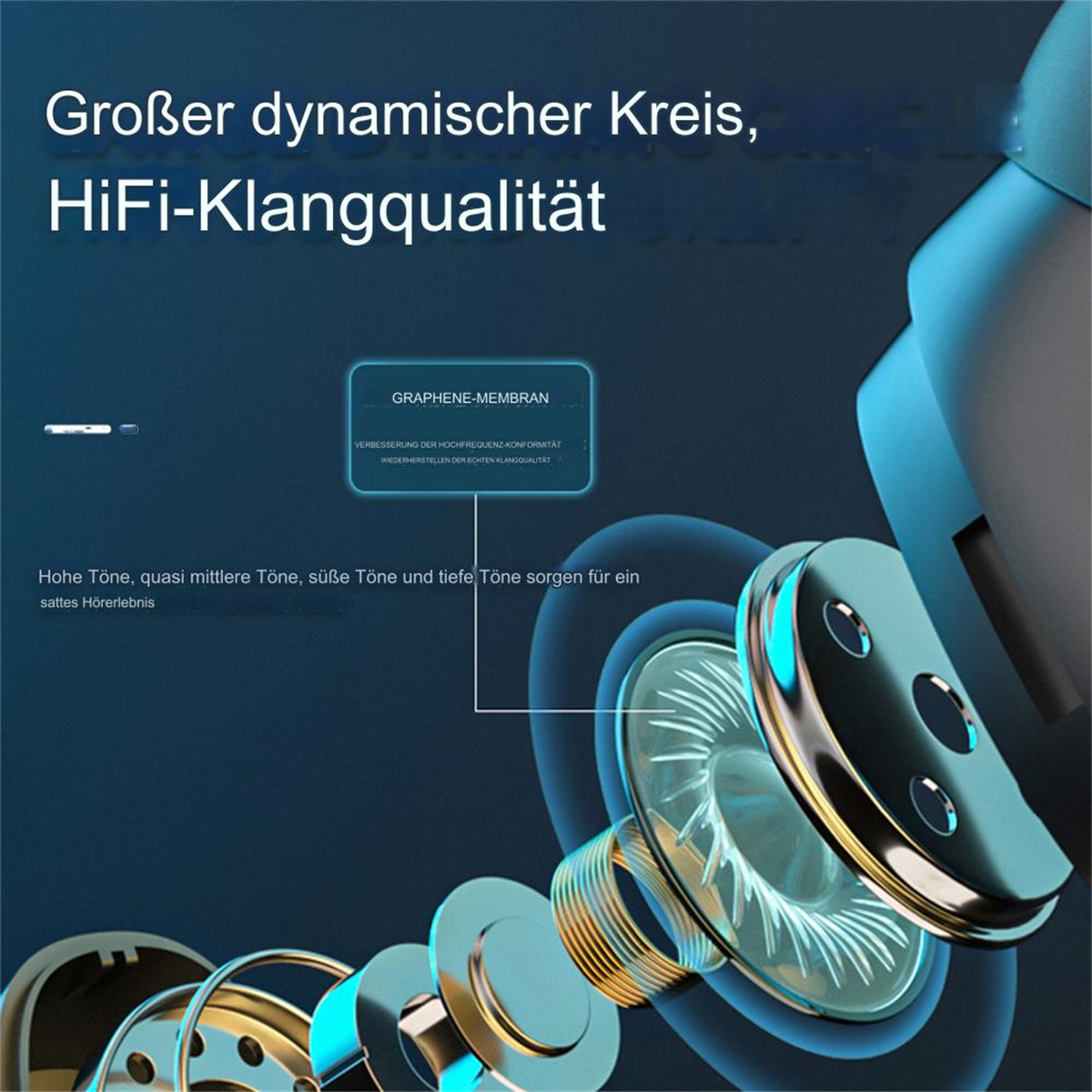 Nahaufnahme von In-Ear-Kopfhörern mit Text, der Klangqualität und Funktionen hervorhebt.